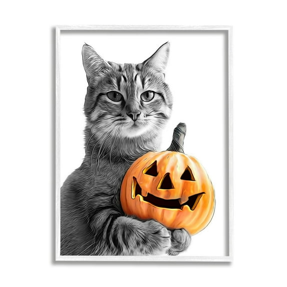 Stupell Industries Cat & Jack-o-Lantern Holiday Painting White Framed Art Print Wall Art, 11 x 14