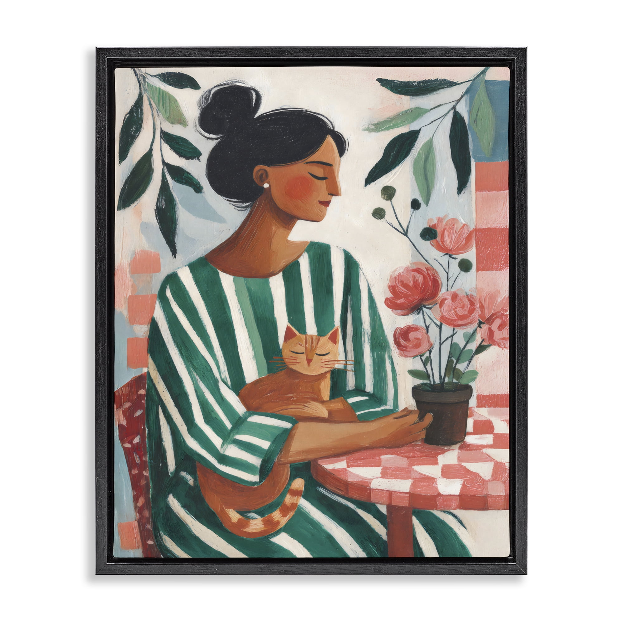Stupell Industries Cat Lady in Striped Dress Black Framed Floater Canvas Wall Art, design by Sisi and Seb