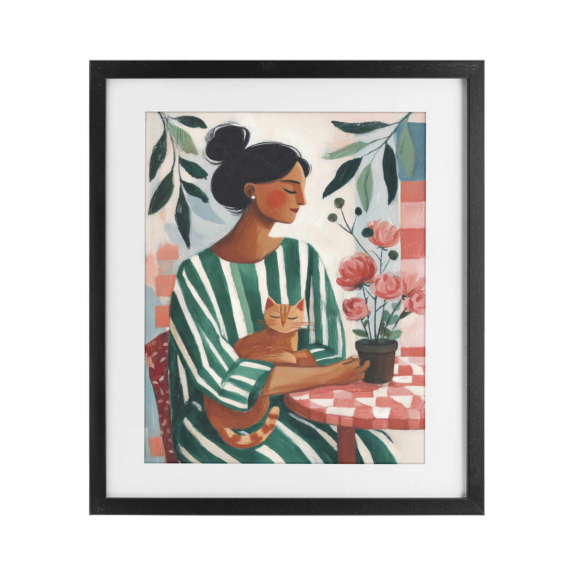 Stupell Industries Cat Lady in Striped Dress Black Framed Print Under Glass, design by Sisi and Seb