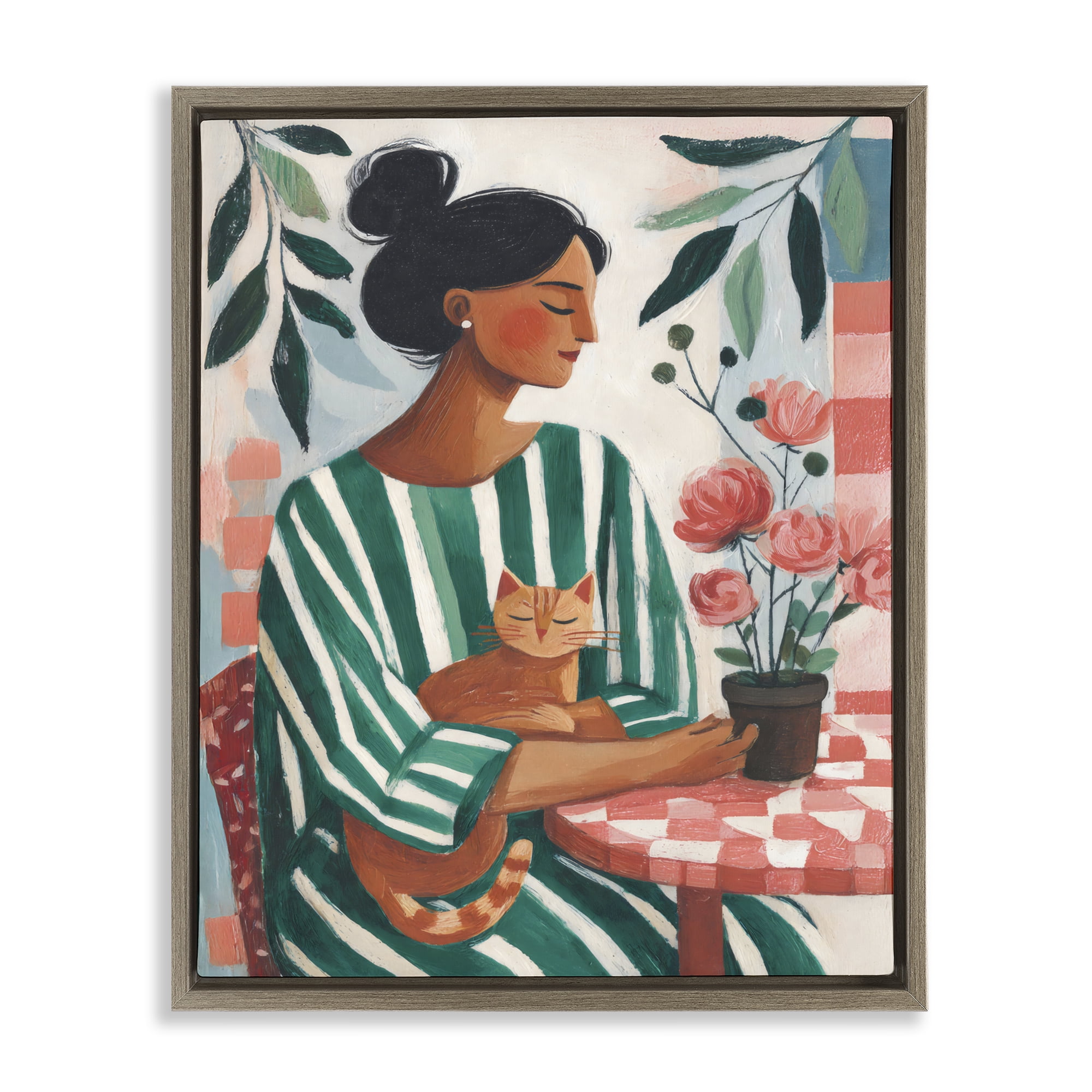 Stupell Industries Cat Lady in Striped Dress Brown Framed Floater Canvas Wall Art, design by Sisi and Seb