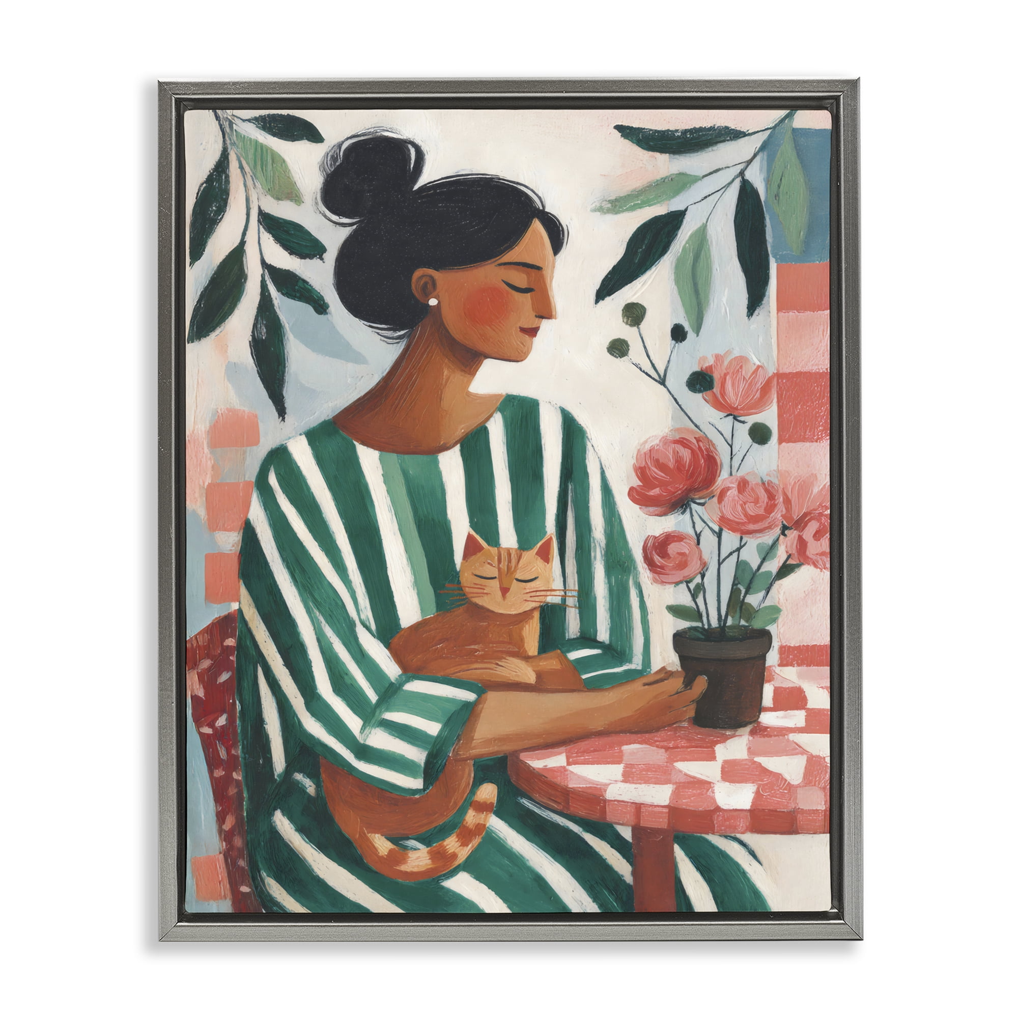 Stupell Industries Cat Lady in Striped Dress Gray Framed Floater Canvas Wall Art, design by Sisi and Seb