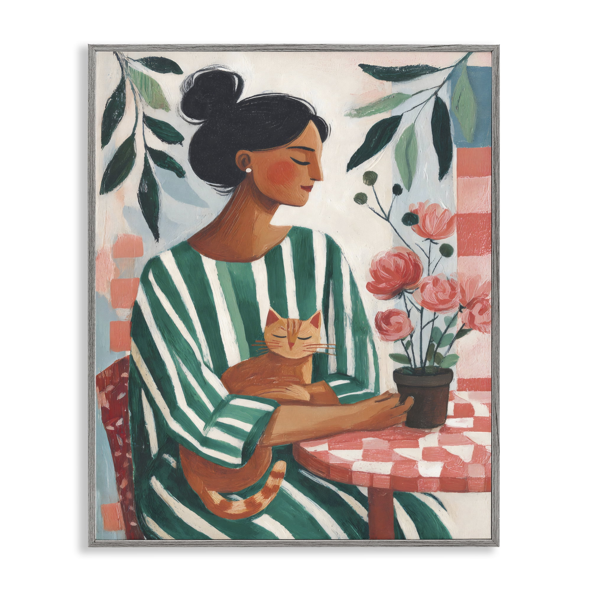 Stupell Industries Cat Lady in Striped Dress Gray Framed Giclee Art, design by Sisi and Seb
