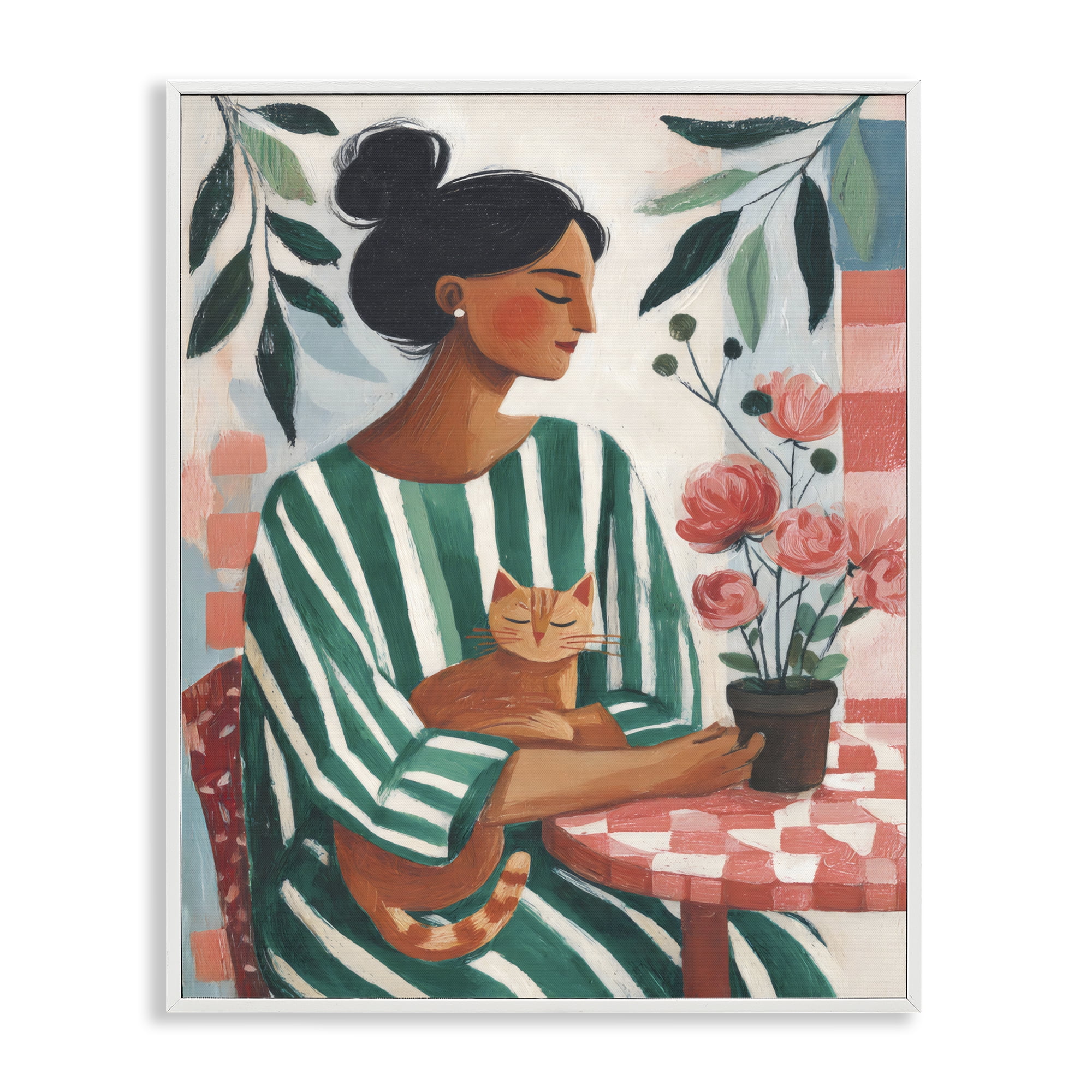Stupell Industries Cat Lady in Striped Dress White Framed Giclee Art, design by Sisi and Seb