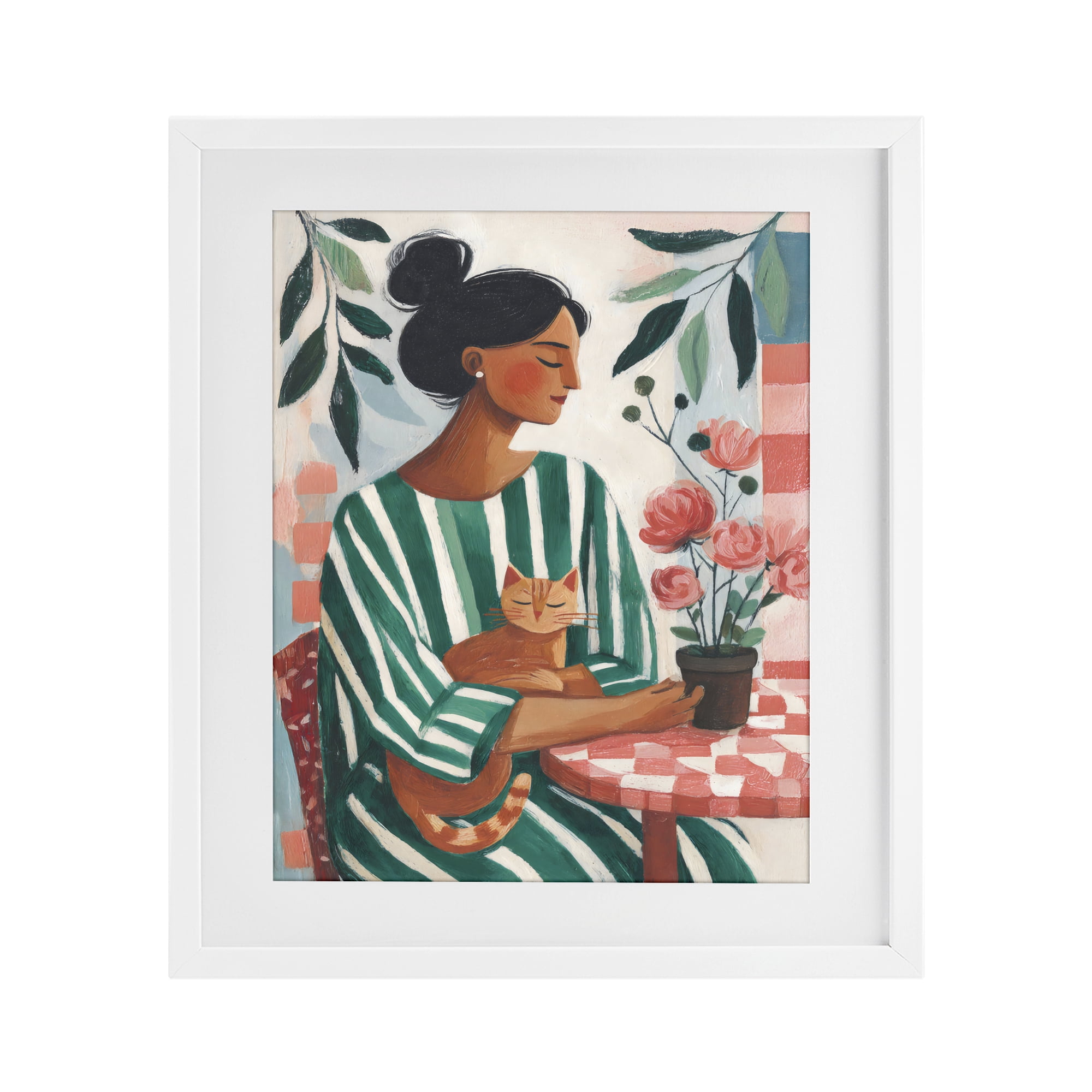 Stupell Industries Cat Lady in Striped Dress White Framed Print Under Glass, design by Sisi and Seb