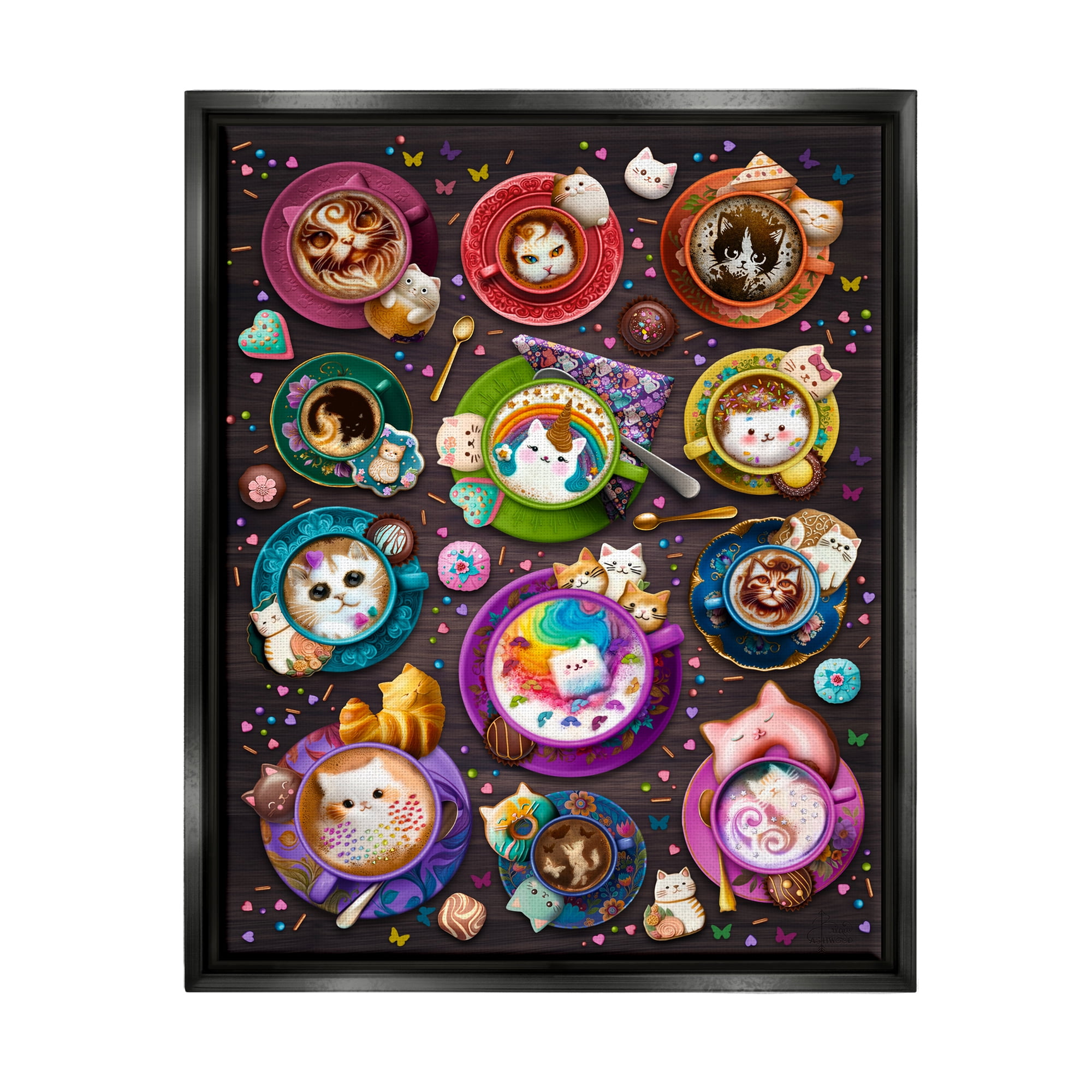 Stupell Industries Cat Lattes & Coffee Food & Beverage Painting Black Floater Framed Canvas Art Print Wall Art, 25 x 31