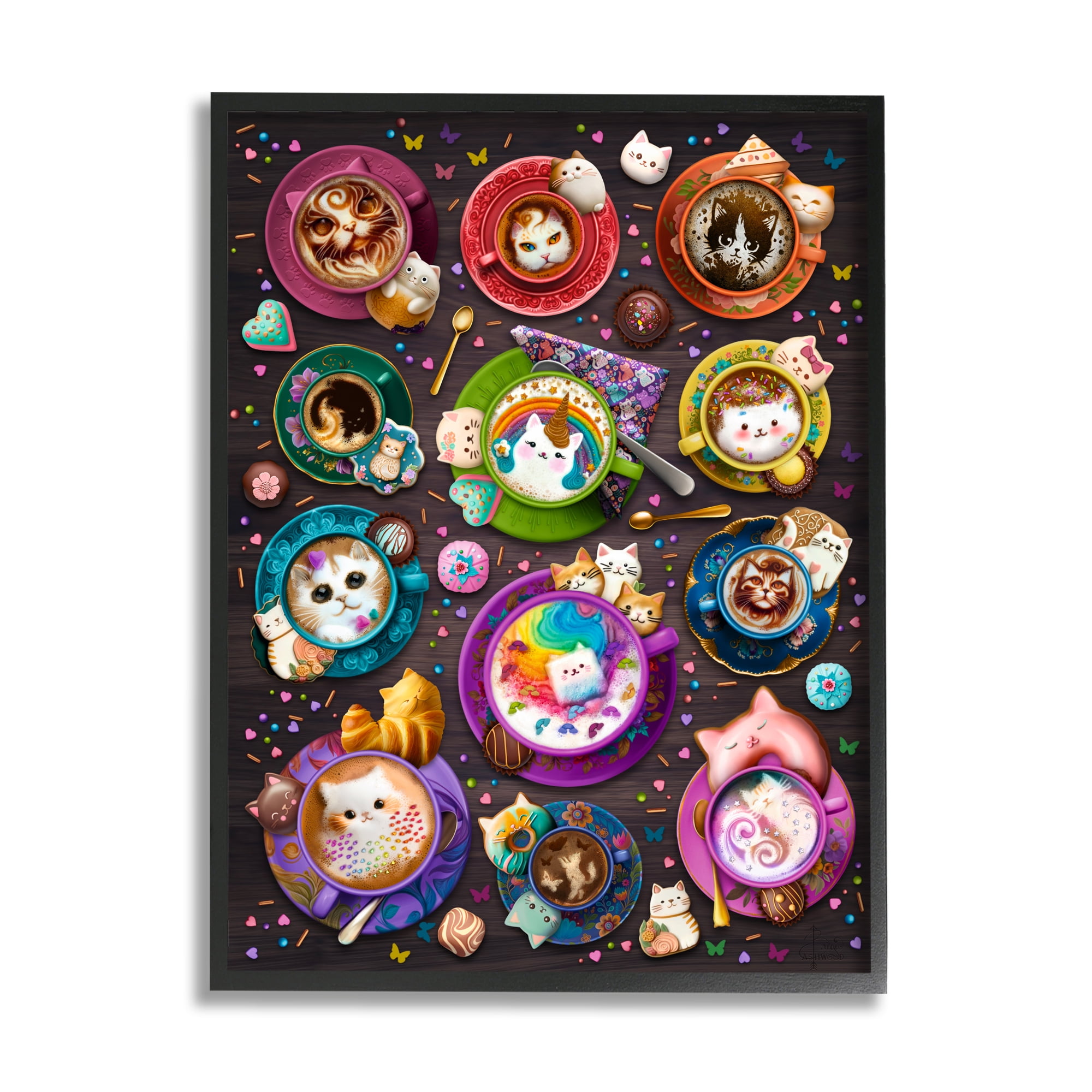 Colorful Cat Latte Art Print in Black Frame, 16 x 20