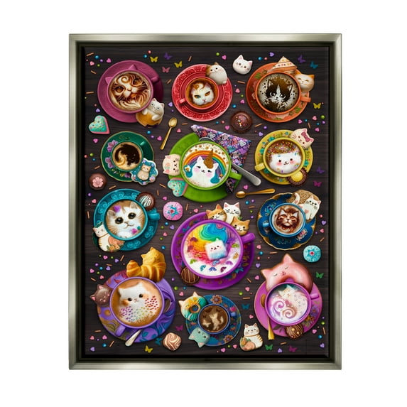 Stupell Industries Cat Lattes & Coffee Food & Beverage Painting Gray Floater Framed Canvas Art Print Wall Art, 17 x 21