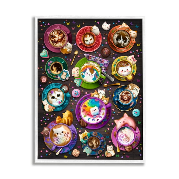 Stupell Industries Cat Lattes & Coffee Food & Beverage Painting White Framed Art Print Wall Art, 11 x 14