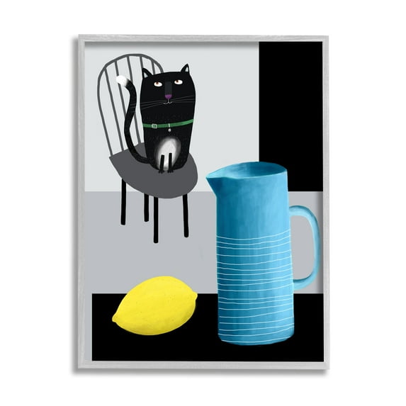 Stupell Industries Cat Lemon Vase Still Life Scene Animals & Insects Painting Gray Framed Art Print Wall Art