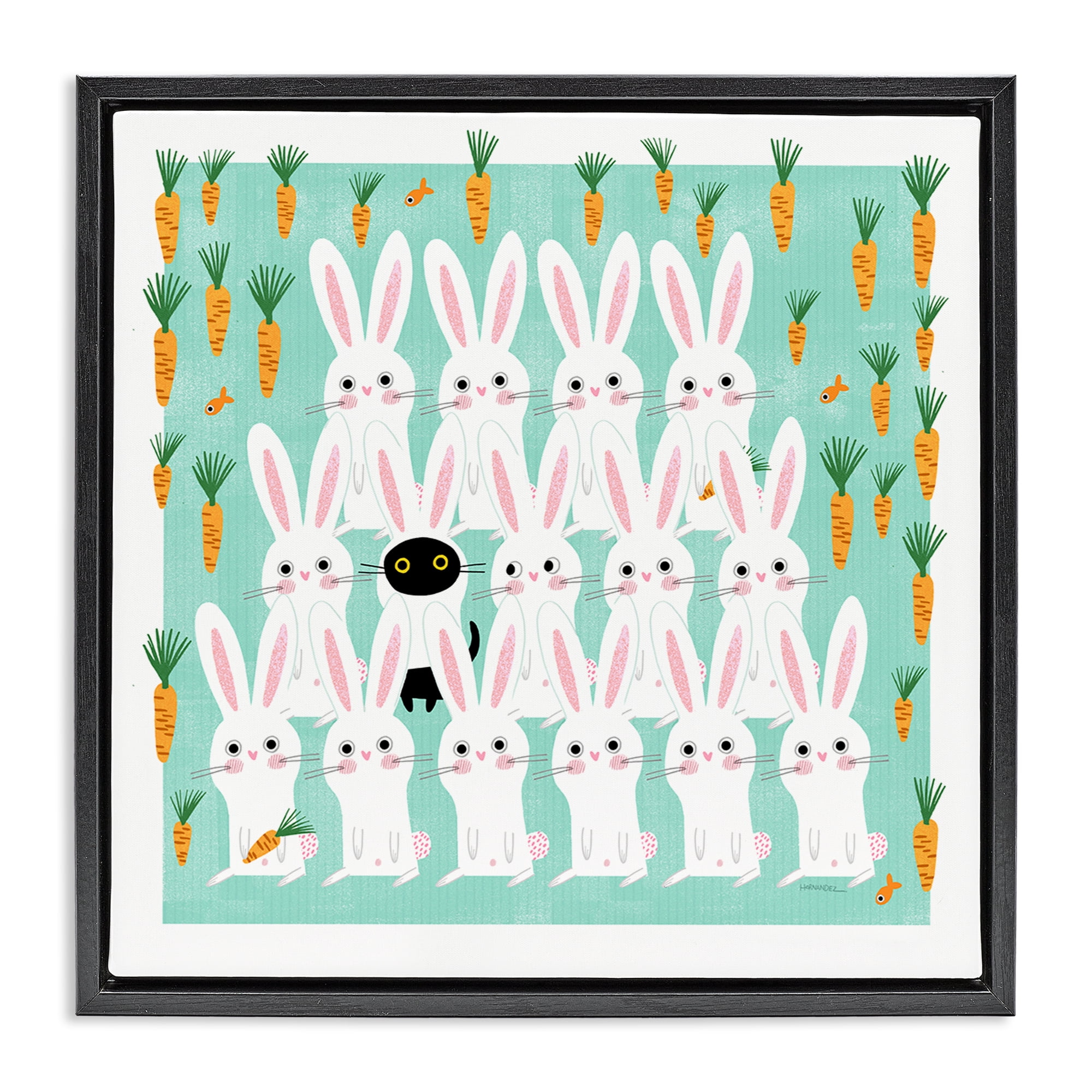 Stupell Industries Cat Mixed with Bunnies Animals Painting Black Floater Framed Canvas Art Print Wall Art, 25 x 25
