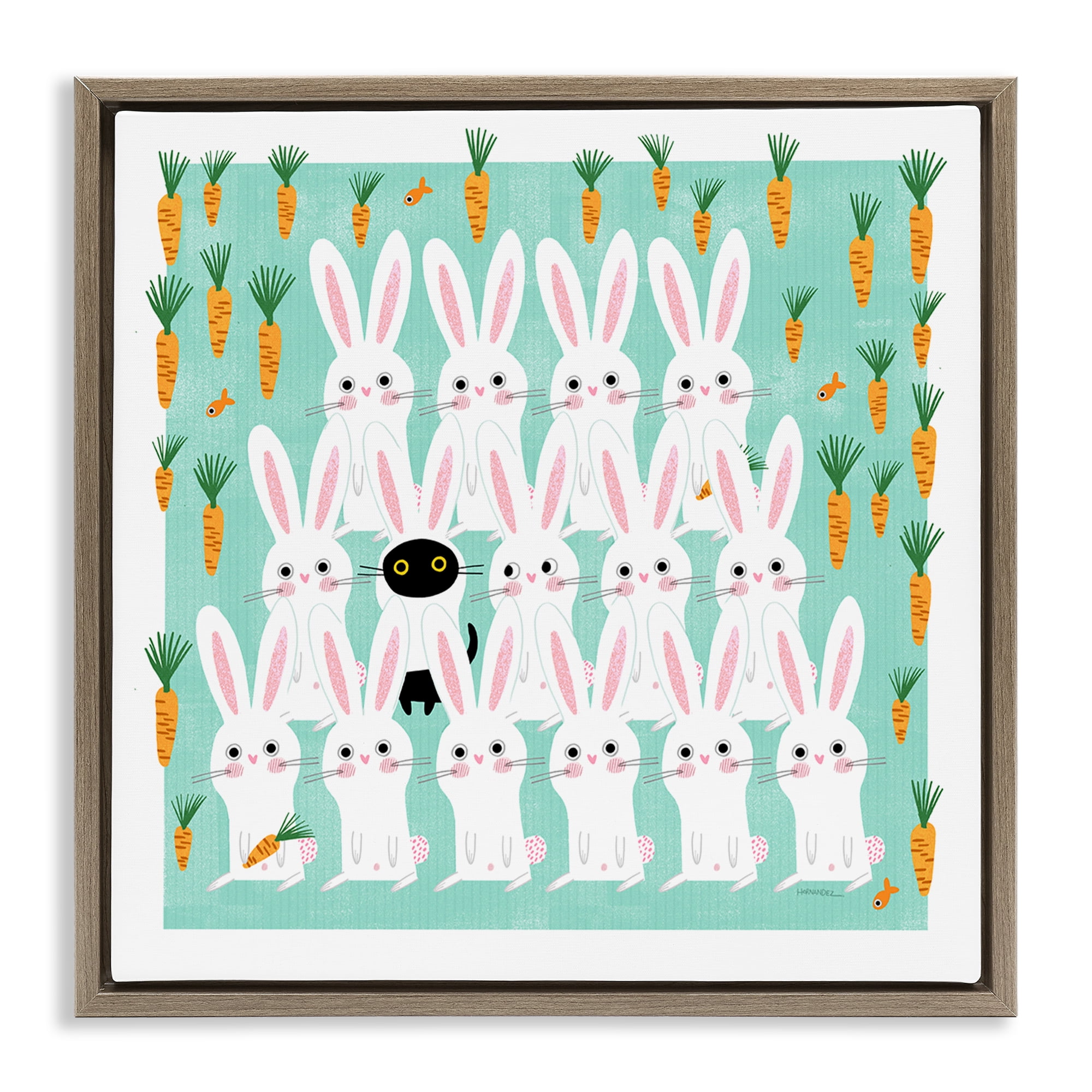 Stupell Industries Cat Mixed with Bunnies Animals Painting Brown Floater Framed Canvas Art Print Wall Art, 25 x 25