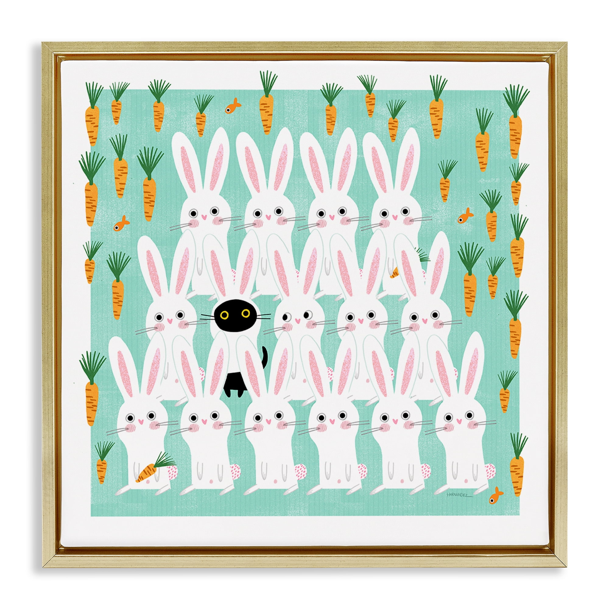 Stupell Industries Cat Mixed with Bunnies Animals Painting Gold Floater Framed Canvas Art Print Wall Art, 18 x 18