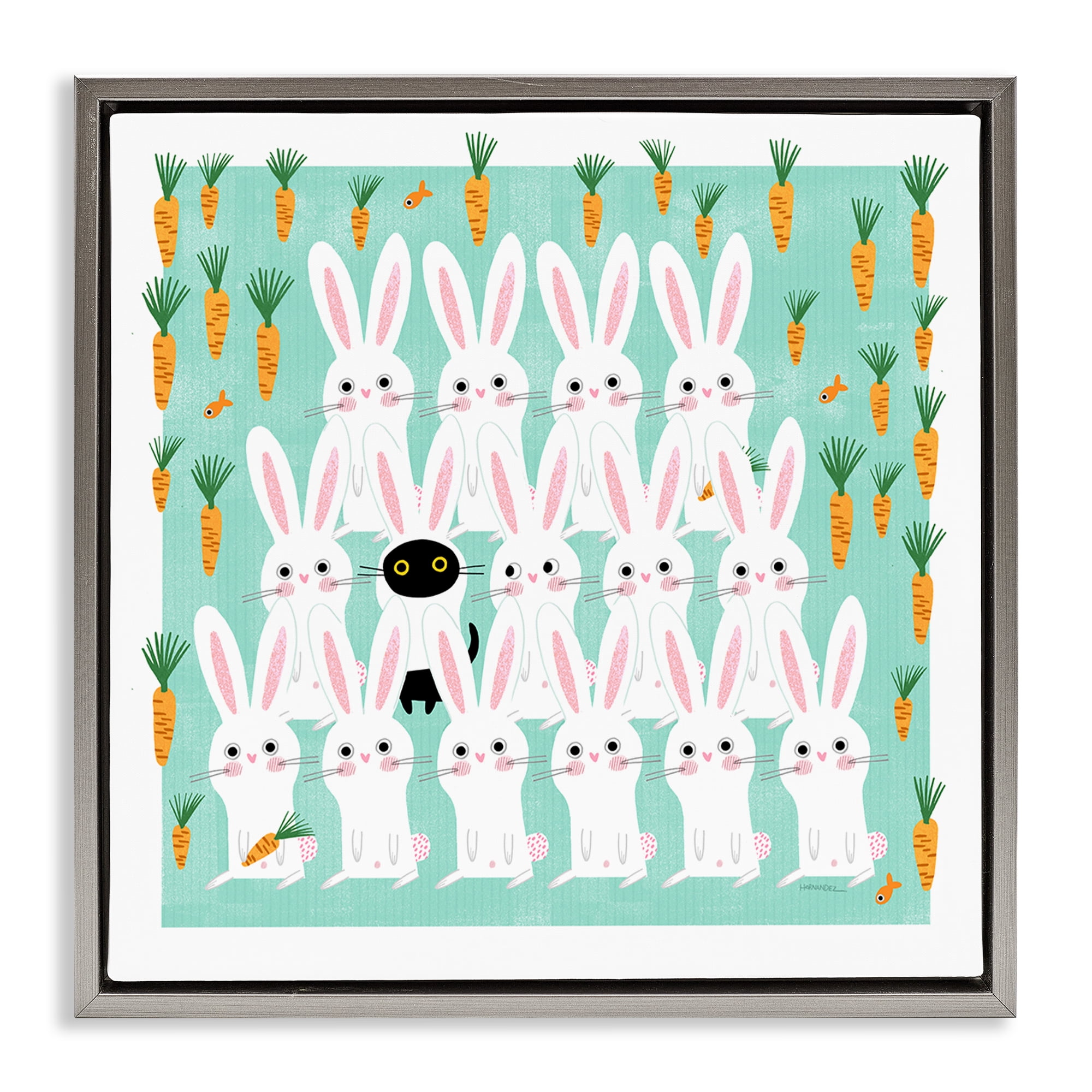 Stupell Industries Cat Mixed with Bunnies Animals Painting Gray Floater Framed Canvas Art Print Wall Art, 18 x 18