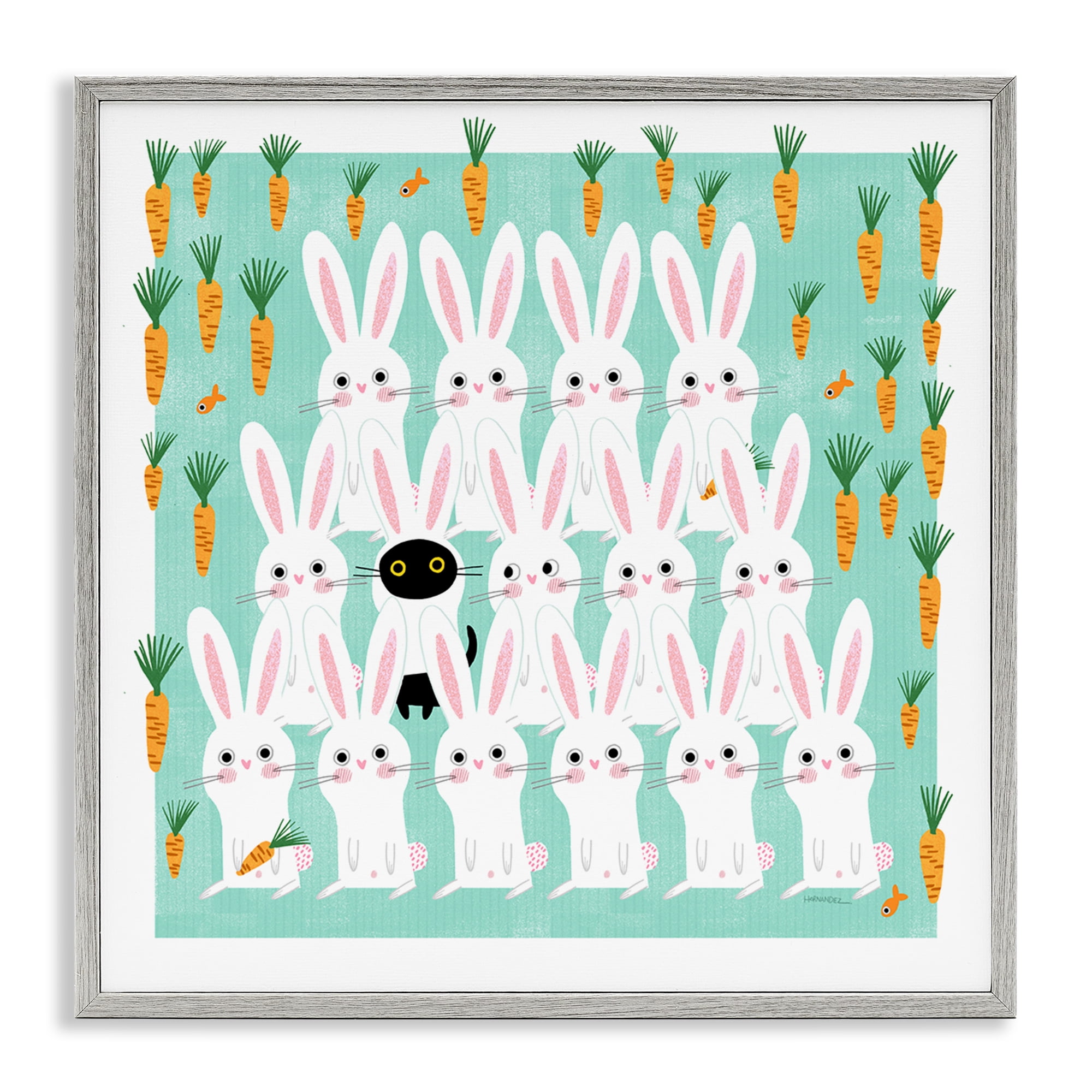 Stupell Industries Cat Mixed with Bunnies Animals Painting Gray Framed Art Print Wall Art, 12 x 12
