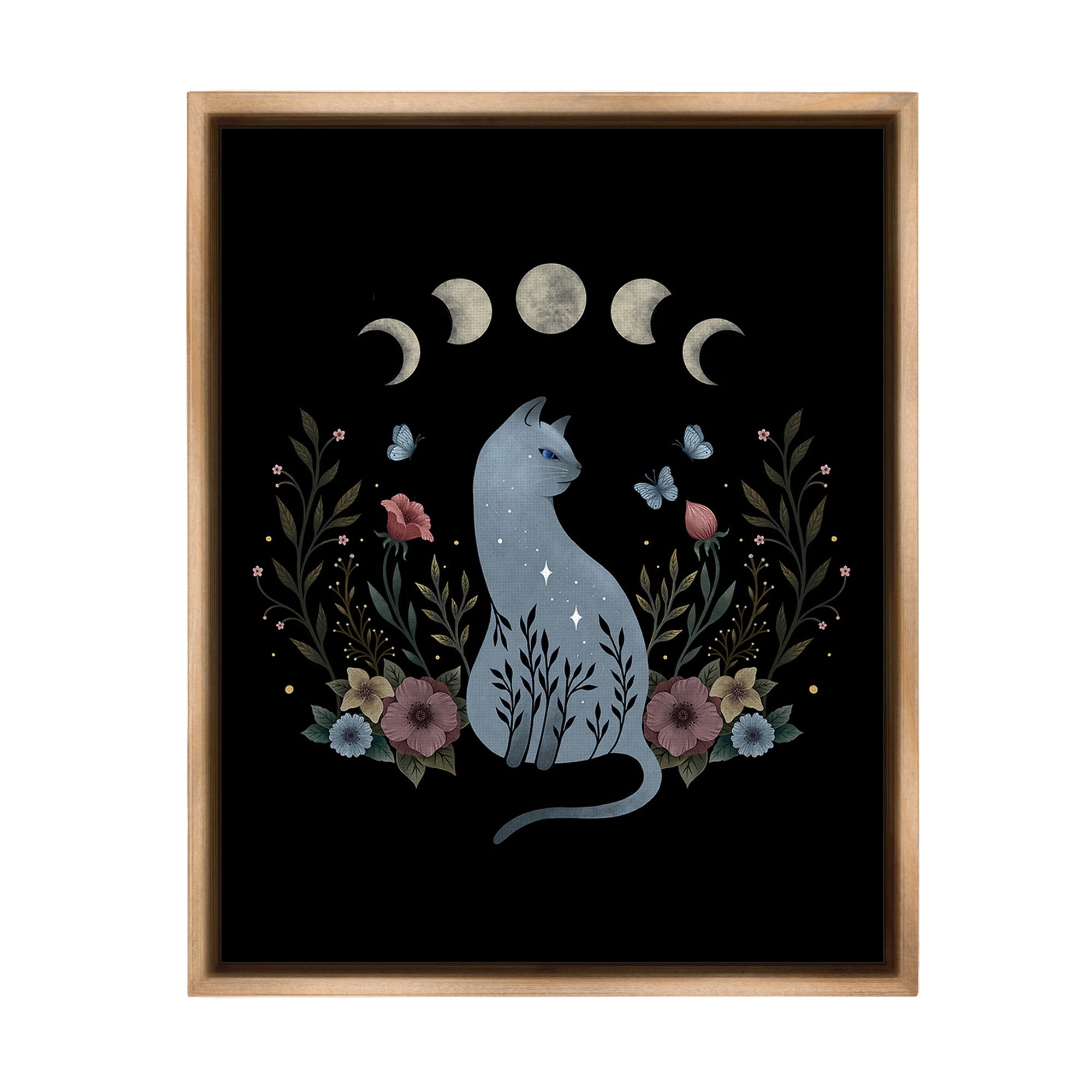 Stupell Industries Cat & Moon Phases Animals & Insects Painting Brown Floater Framed Canvas Art Print Wall Art, 17 x 21