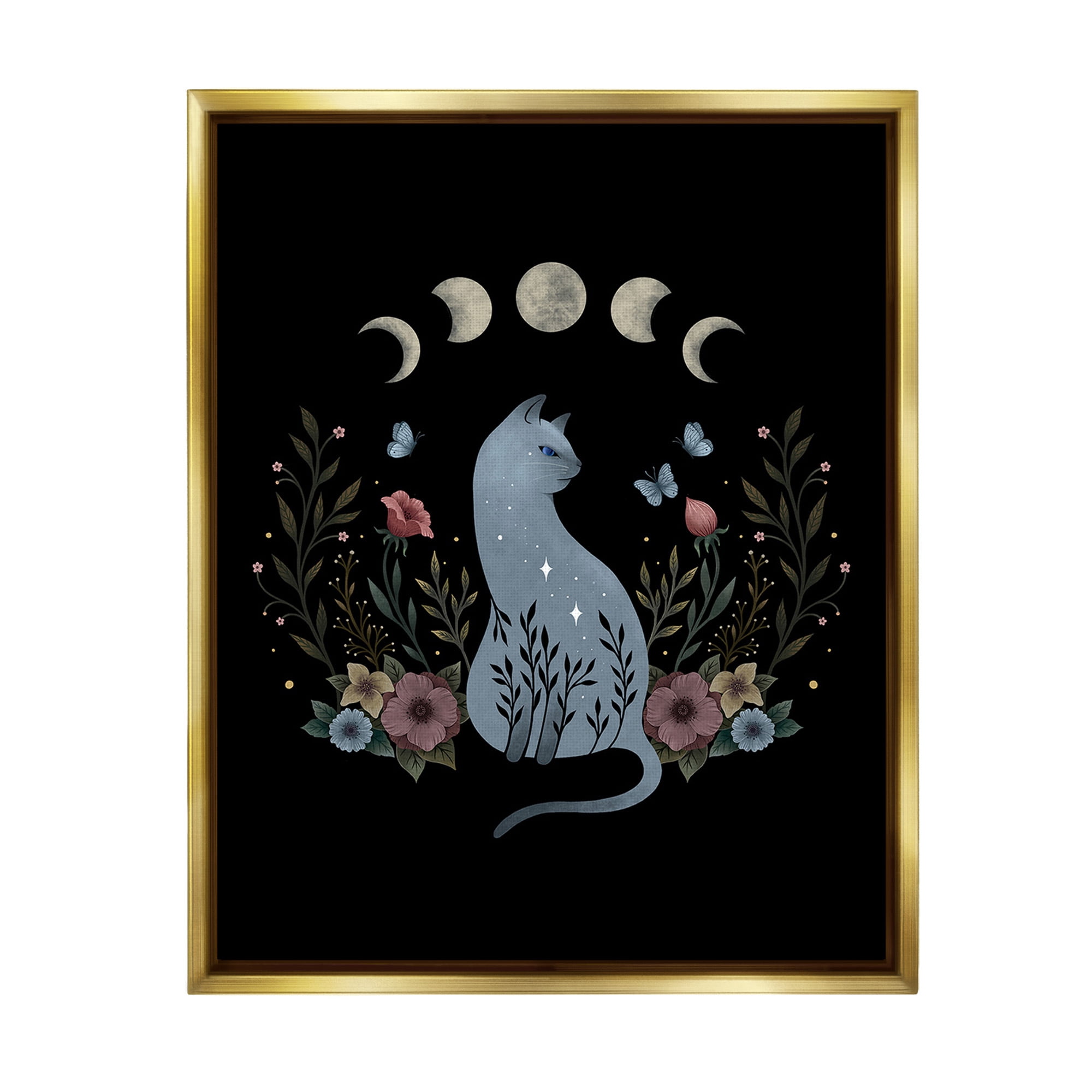 Stupell Industries Cat & Moon Phases Animals & Insects Painting Gold Floater Framed Canvas Art Print Wall Art, 17 x 21
