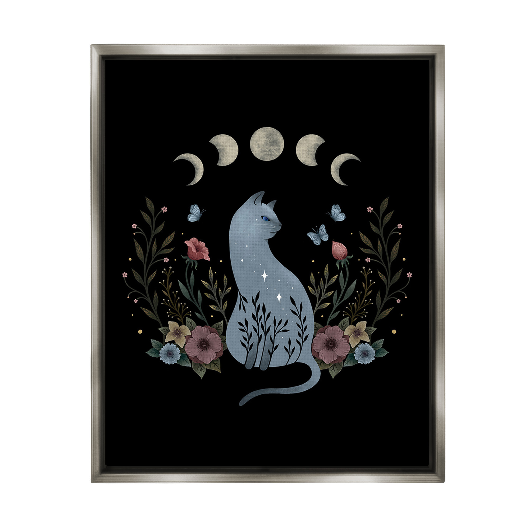 Stupell Industries Cat & Moon Phases Animals & Insects Painting Gray Floater Framed Canvas Art Print Wall Art, 17 x 21