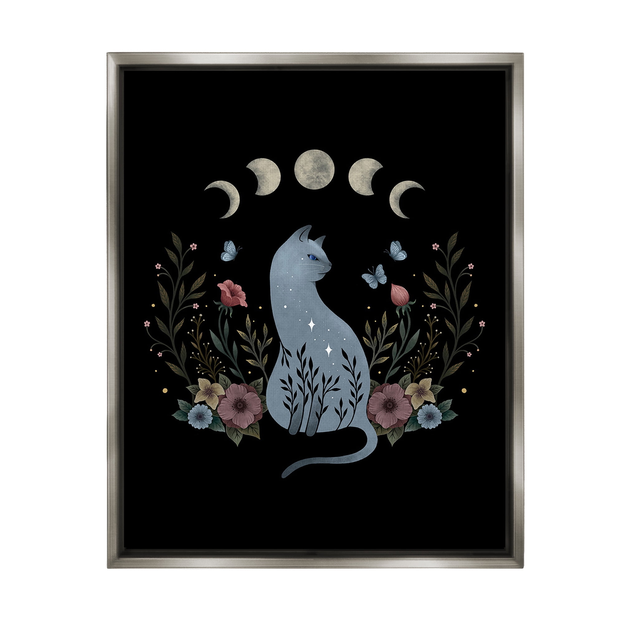 Stupell Industries Cat & Moon Phases Animals & Insects Painting Gray Floater Framed Canvas Art Print Wall Art, 25 x 31