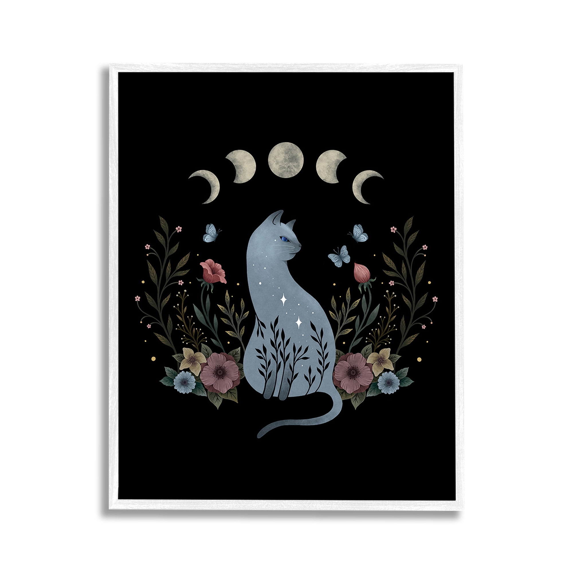 Stupell Industries Cat & Moon Phases Animals & Insects Painting White Framed Art Print Wall Art, 11 x 14