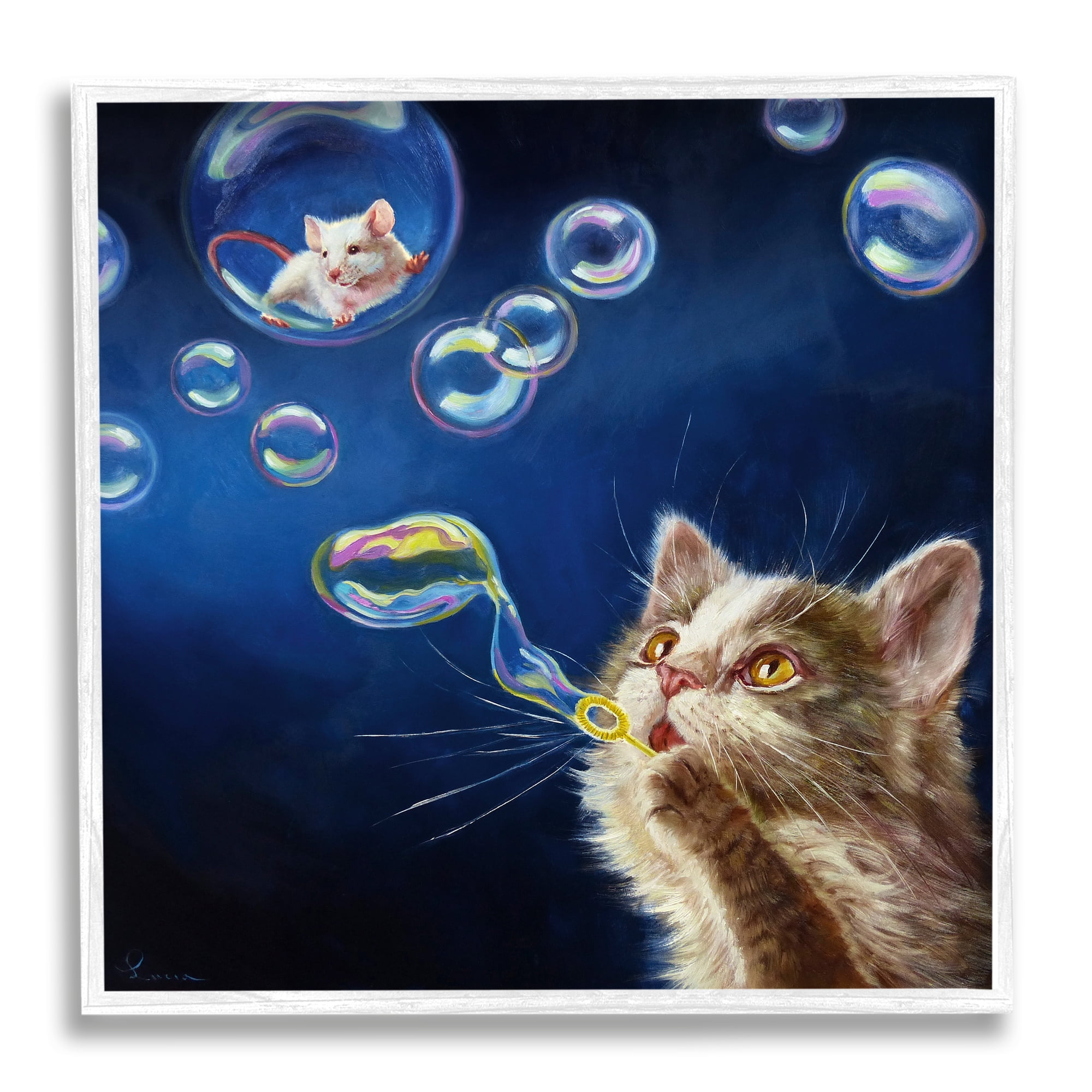 Stupell Industries Cat & Mouse Blowing Bubbles Animals & Insects Painting White Framed Art Print Wall Art