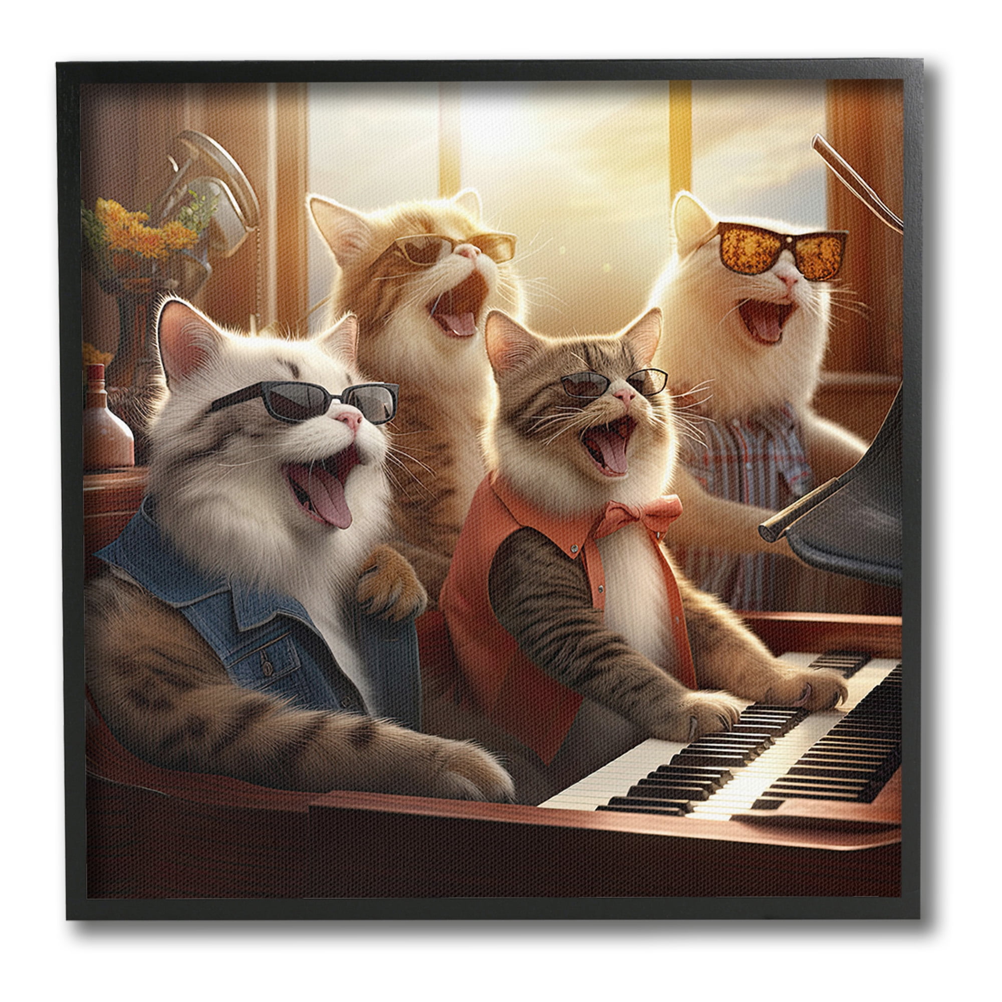 Stupell Industries Cat Musicians & Piano Animals & Insects Painting Black Framed Art Print Wall Art, 24 x 24