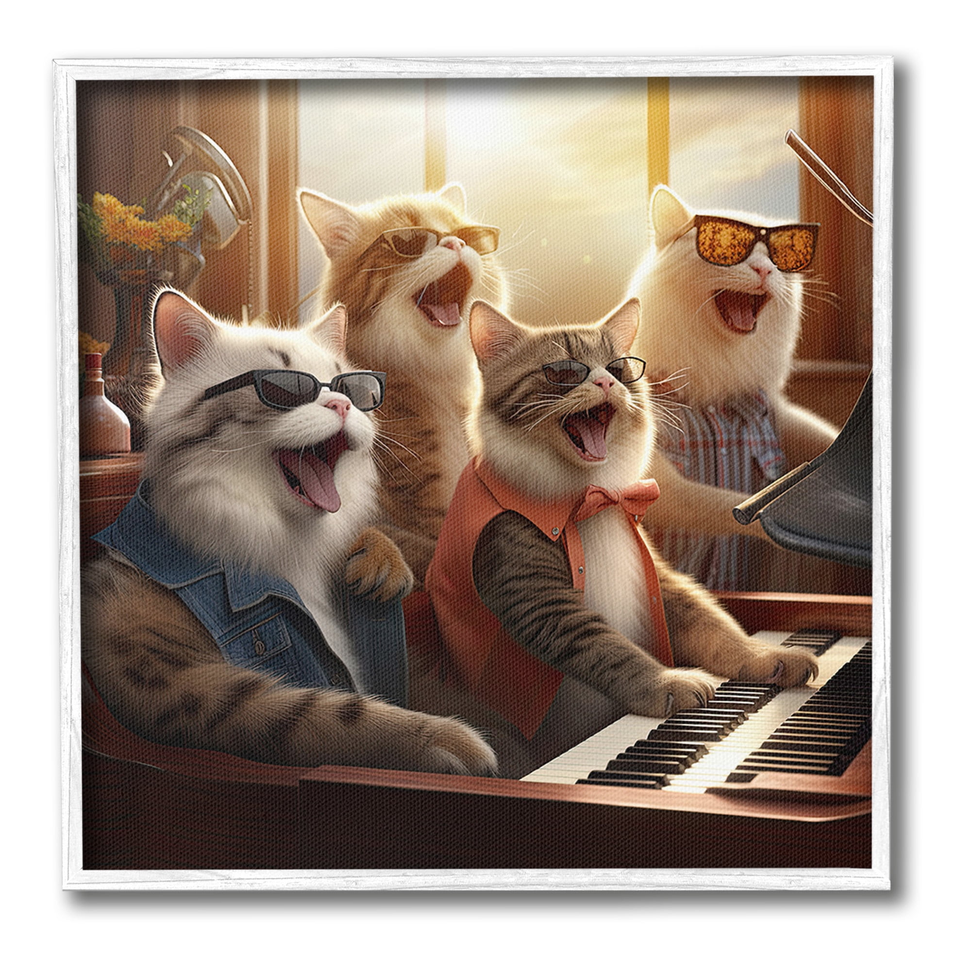 Stupell Industries Cat Musicians & Piano Animals & Insects Painting White Framed Art Print Wall Art, 17 x 17