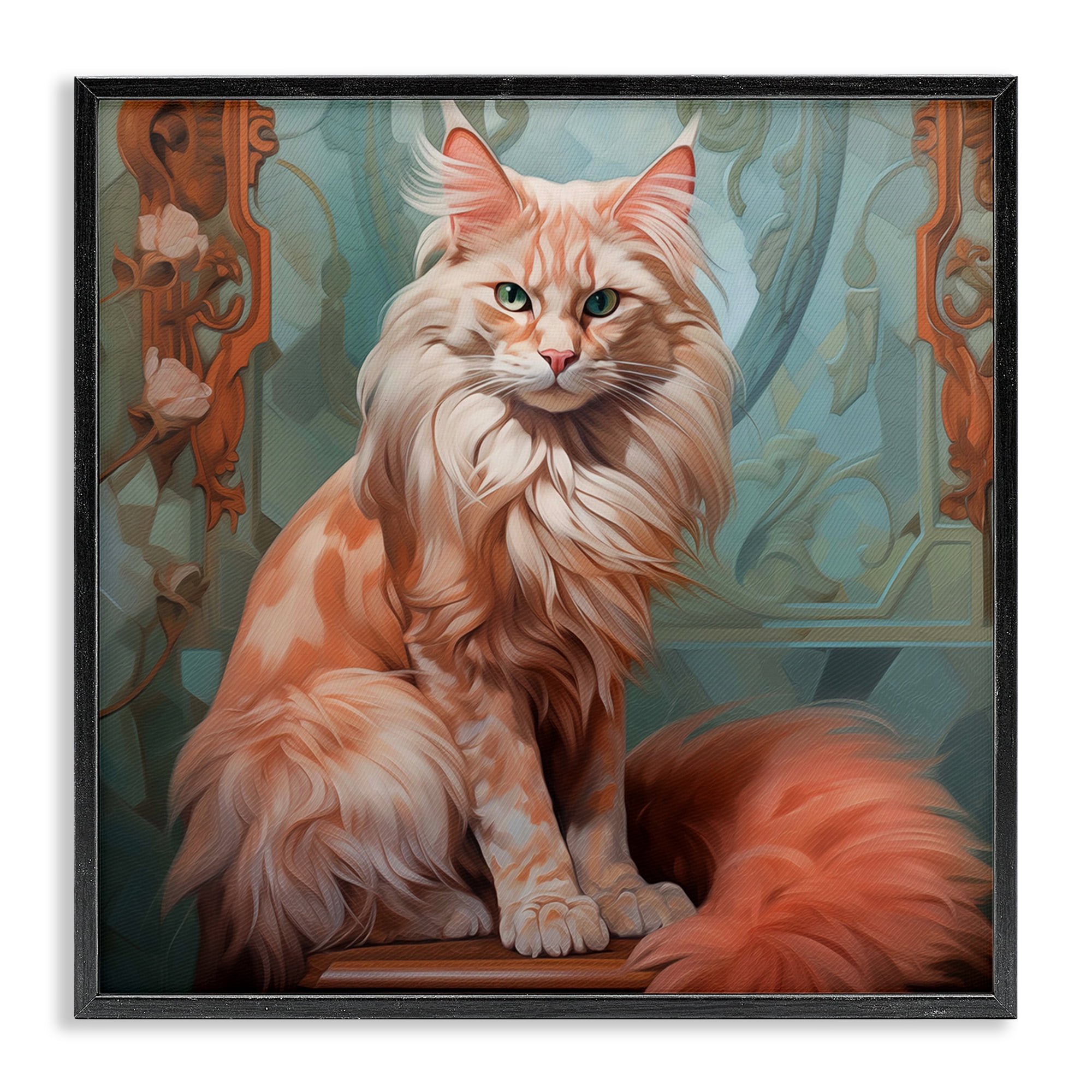 Stupell Industries Cat Nouveau Portrait Animals Painting Black Framed Art Print Wall Art, 24 x 24