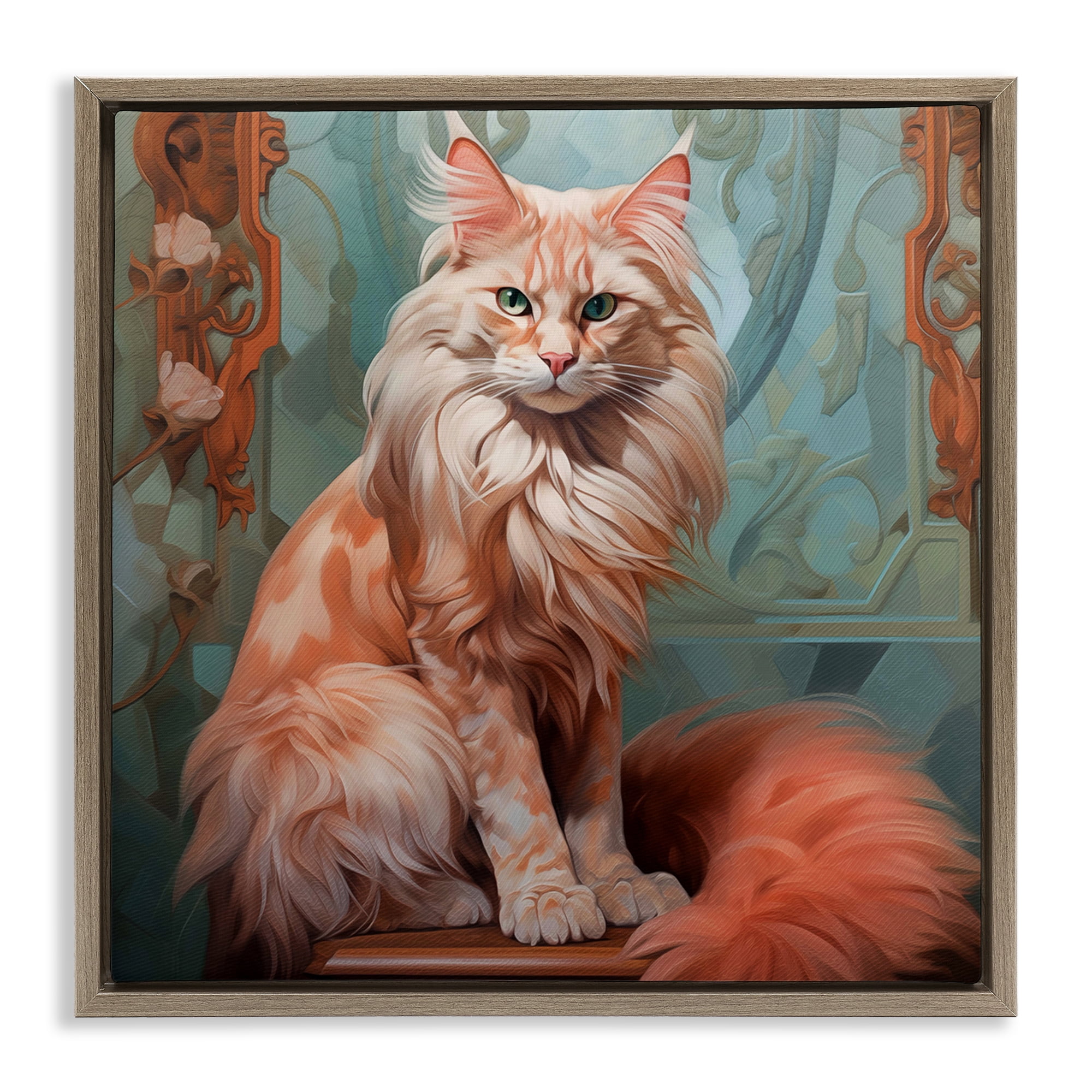 Stupell Industries Cat Nouveau Portrait Animals Painting Brown Floater Framed Canvas Art Print Wall Art, 18 x 18