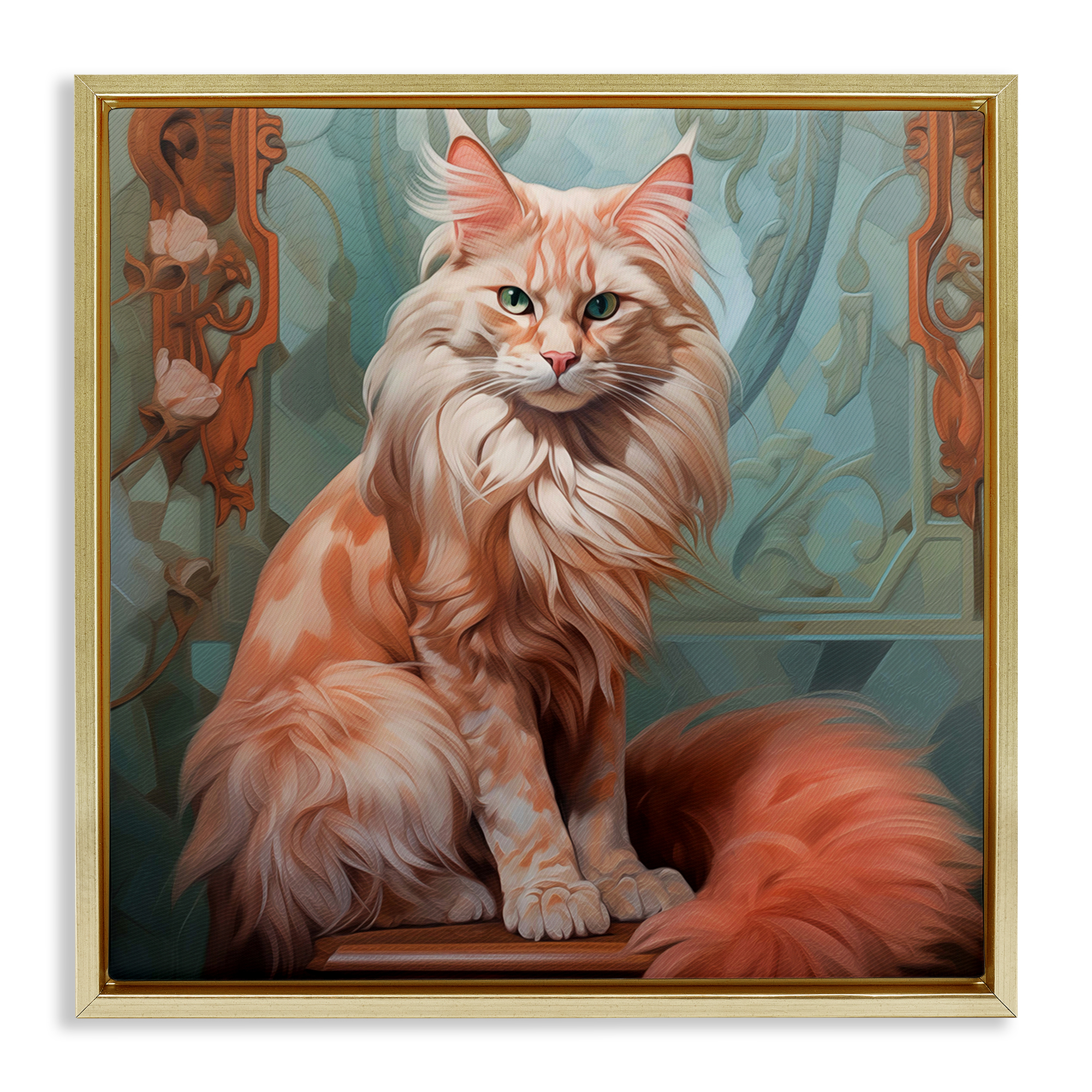 Stupell Industries Cat Nouveau Portrait Animals Painting Gold Floater Framed Canvas Art Print Wall Art, 18 x 18