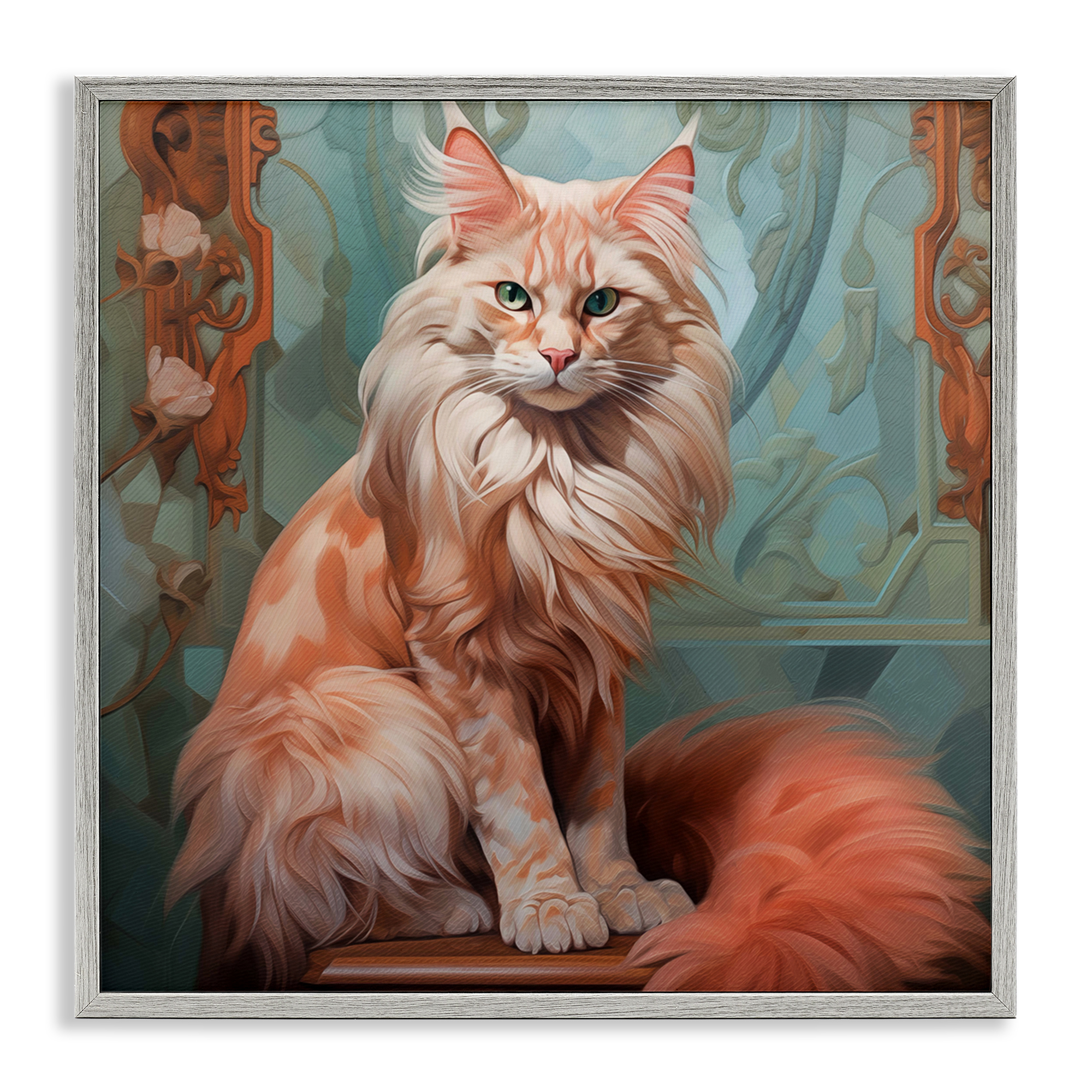 Stupell Industries Cat Nouveau Portrait Animals Painting Gray Framed Art Print Wall Art, 24 x 24