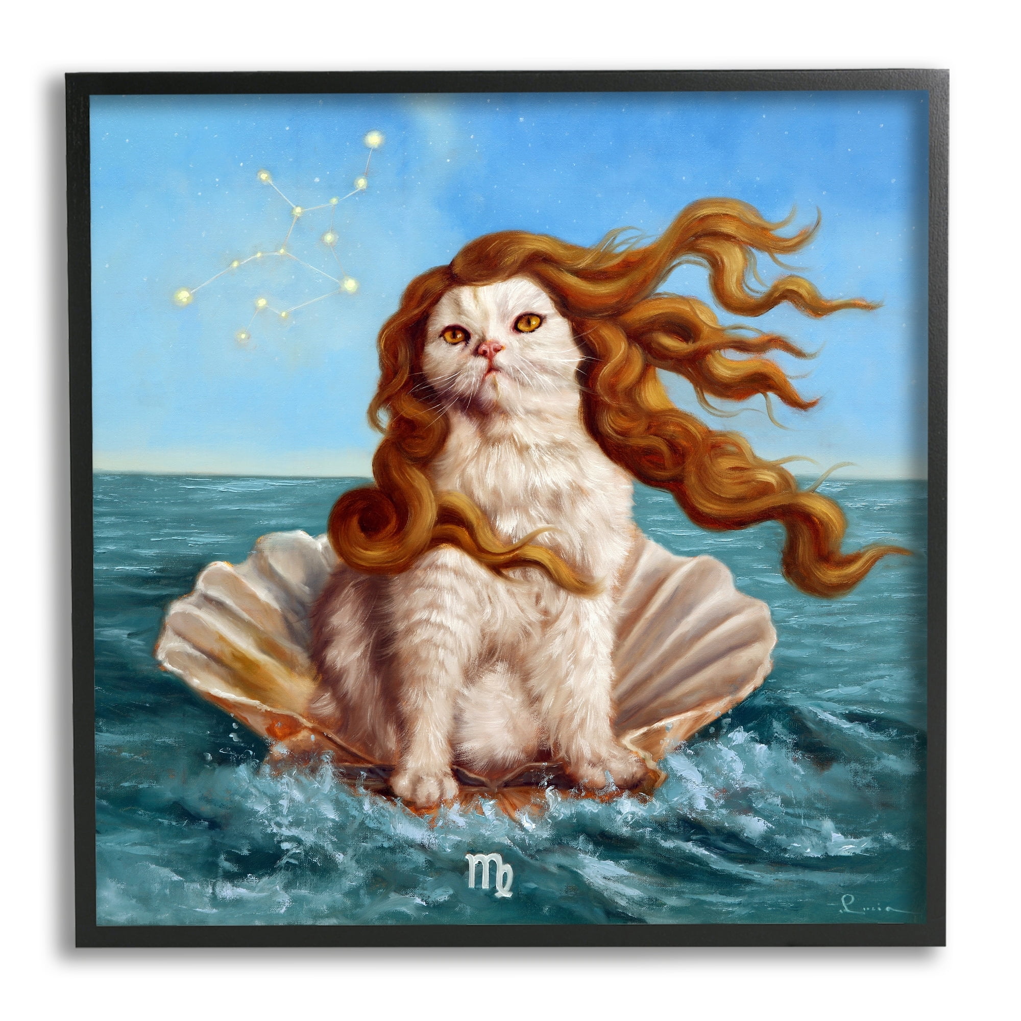 Stupell Industries Cat Ocean Seashell Scorpio Astrological Symbol Constellation Painting Black Framed Art Print Wall Art, Design by Lucia Heffernan