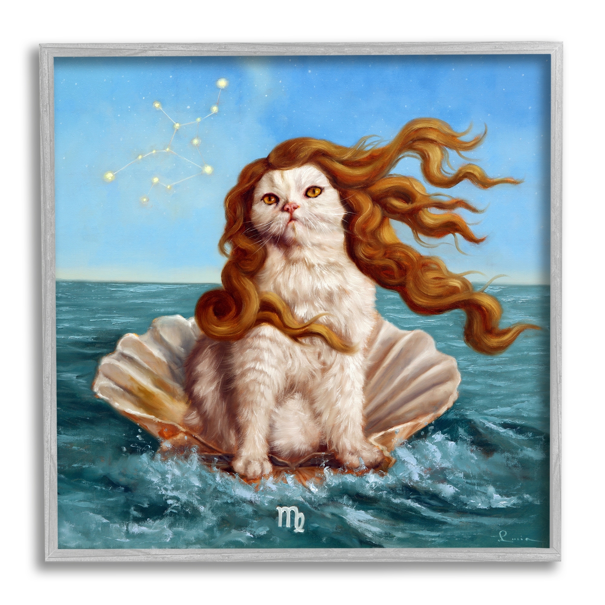 Stupell Industries Cat Ocean Seashell Scorpio Astrological Symbol Constellation Painting Gray Framed Art Print Wall Art, Design by Lucia Heffernan