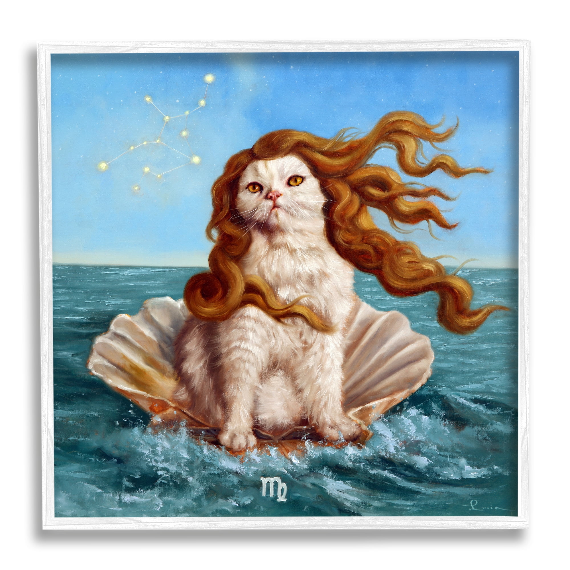 Stupell Industries Cat Ocean Seashell Scorpio Astrological Symbol Constellation Painting White Framed Art Print Wall Art, Design by Lucia Heffernan
