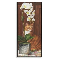 Stupell Industries Cat & Orchid Flower Animals & Insects Painting Black Framed Art Print Wall Art, 10 x 24