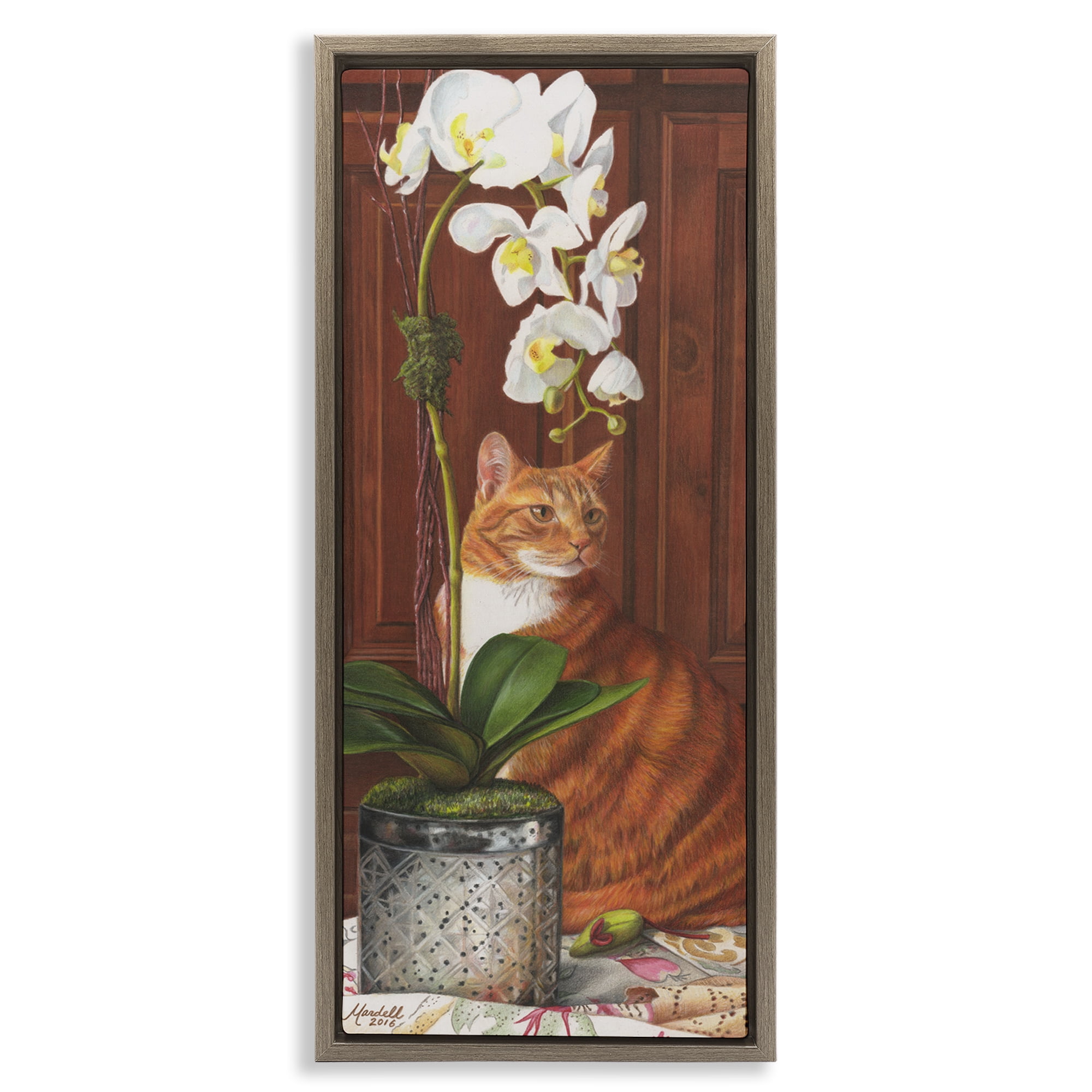 Stupell Industries Cat & Orchid Flower Animals & Insects Painting Brown Floater Framed Canvas Art Print Wall Art, 11 x 25