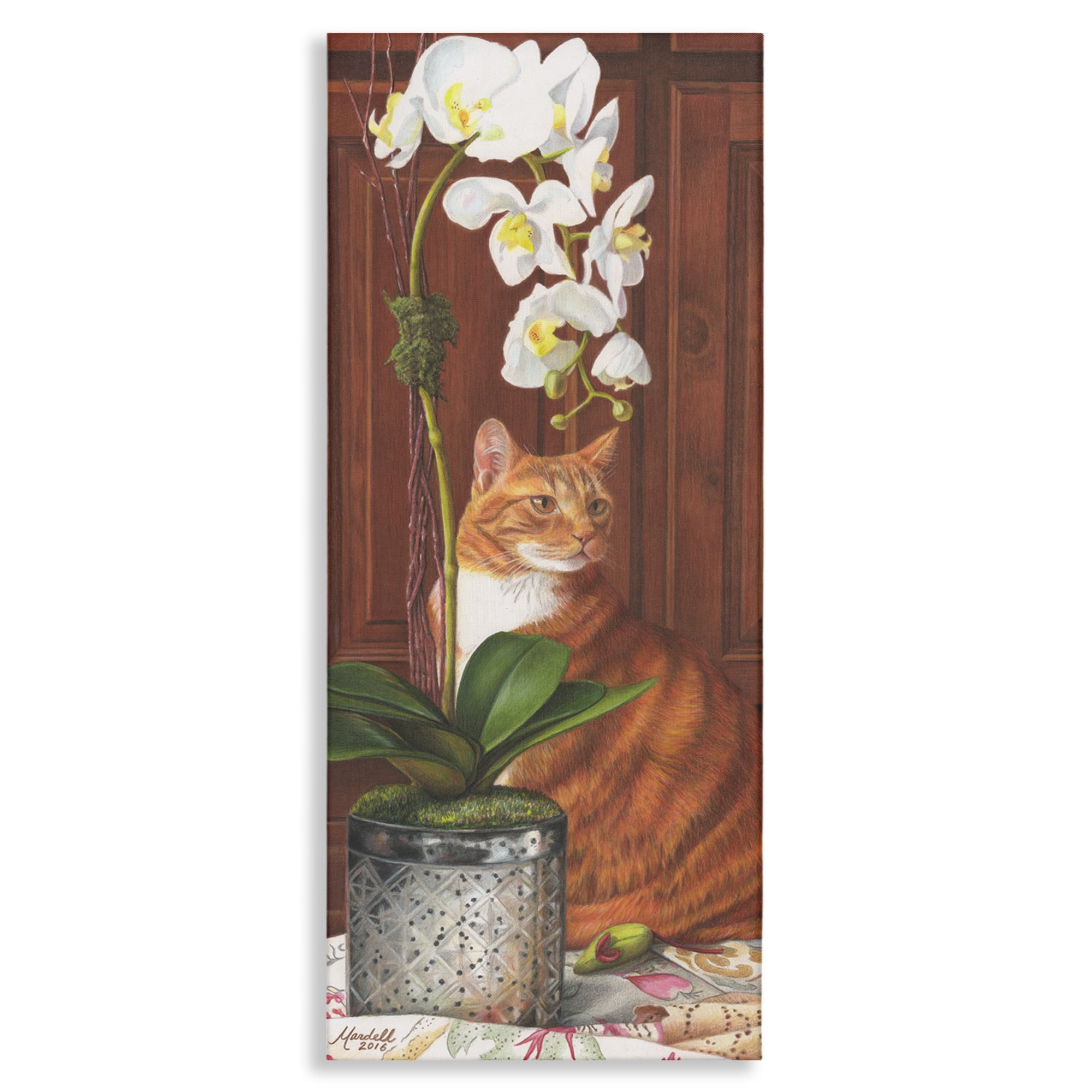 Stupell Industries Cat & Orchid Flower Animals & Insects Painting Gallery Wrapped Canvas Art Print Wall Art, 10 x 24
