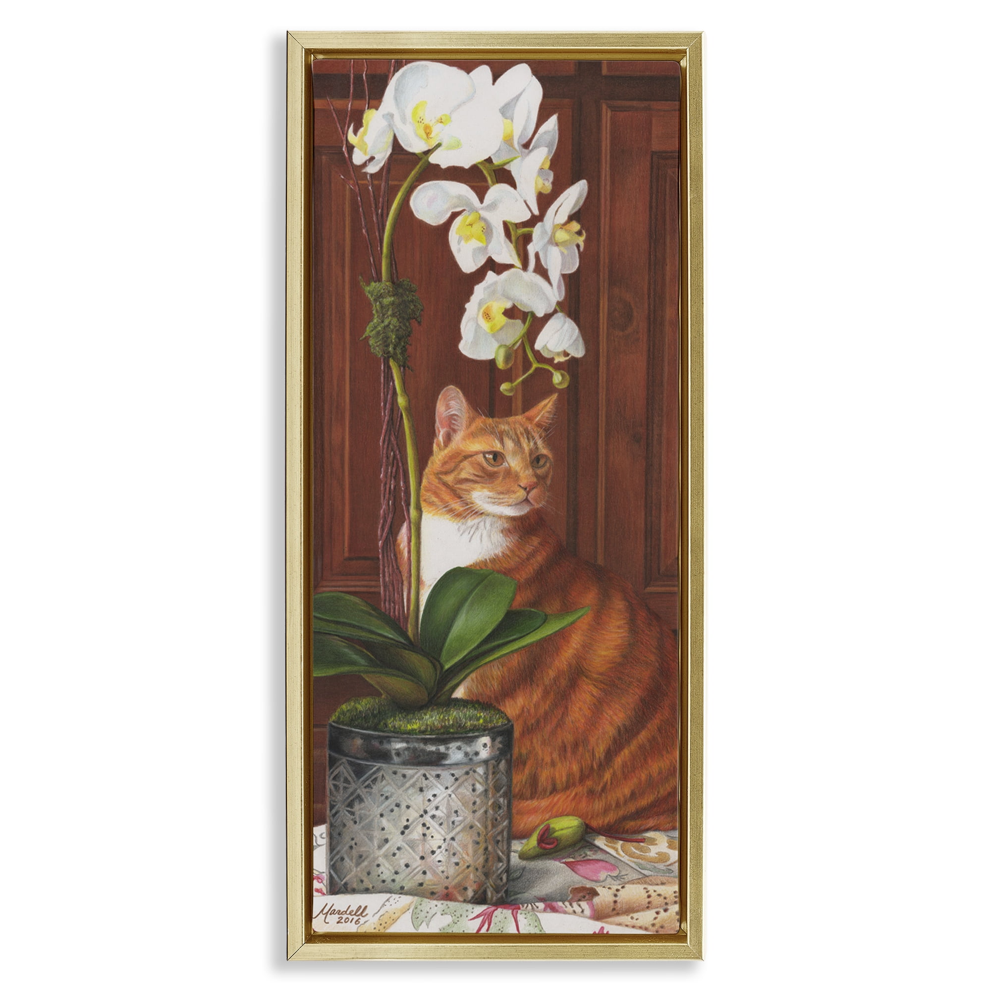 Stupell Industries Cat & Orchid Flower Animals & Insects Painting Gold Floater Framed Canvas Art Print Wall Art, 11 x 25
