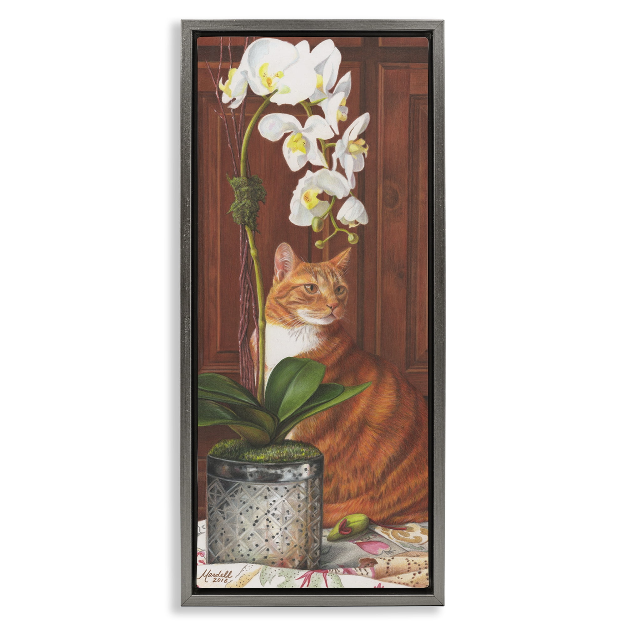 Stupell Industries Cat & Orchid Flower Animals & Insects Painting Gray Floater Framed Canvas Art Print Wall Art, 11 x 25