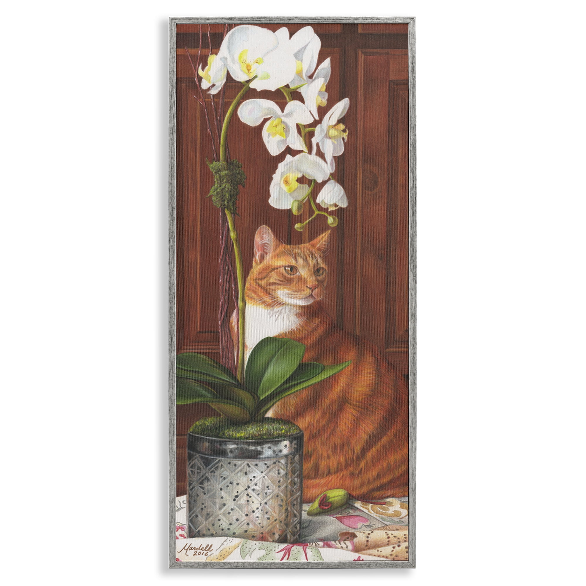 Stupell Industries Cat & Orchid Flower Animals & Insects Painting Gray Framed Art Print Wall Art, 13 x 30