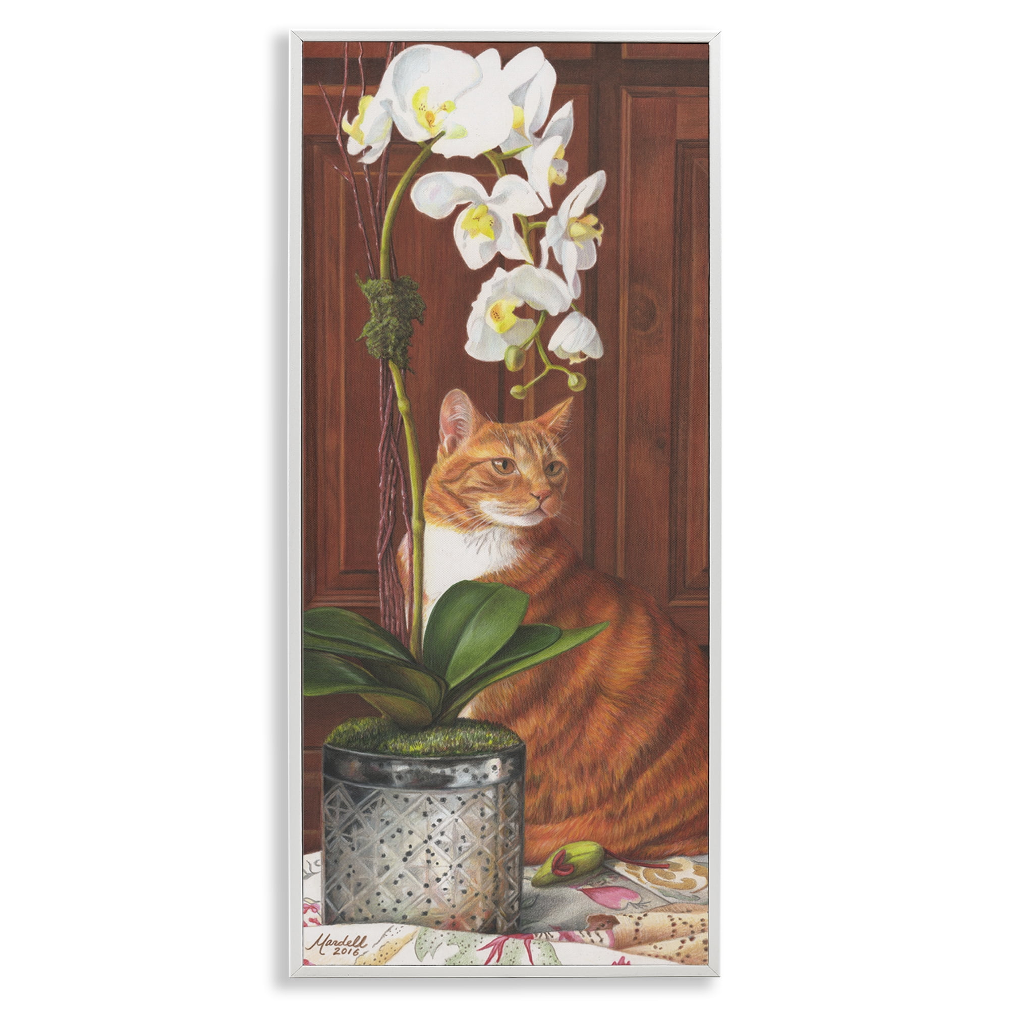 Stupell Industries Cat & Orchid Flower Animals & Insects Painting White Framed Art Print Wall Art, 10 x 24