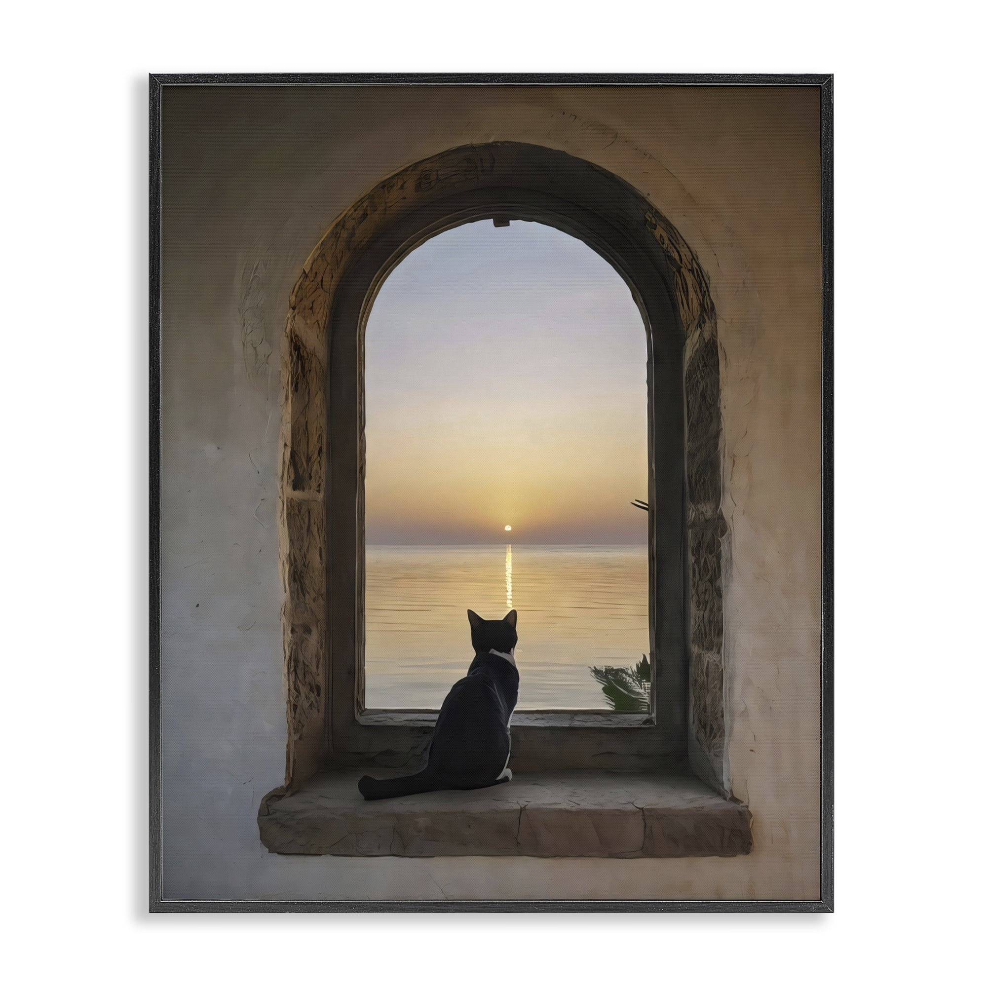 Stupell Industries Cat Overlooking Water at Sunset Black Framed Giclee Art, design by Creative Studio