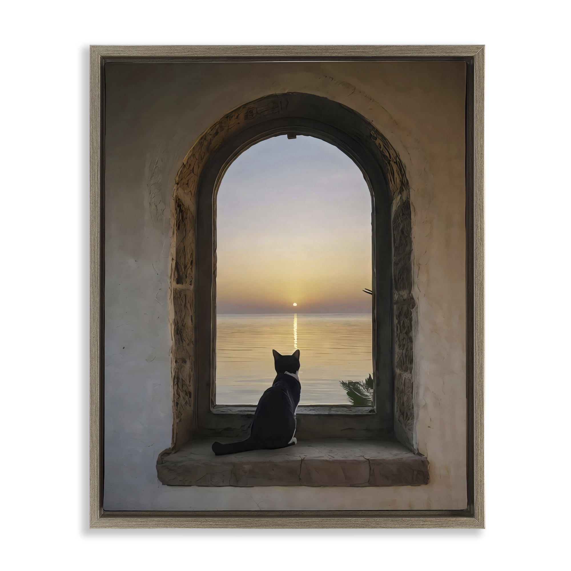 Stupell Industries Cat Overlooking Water at Sunset Brown Framed Floater Canvas Wall Art, design by Creative Studio