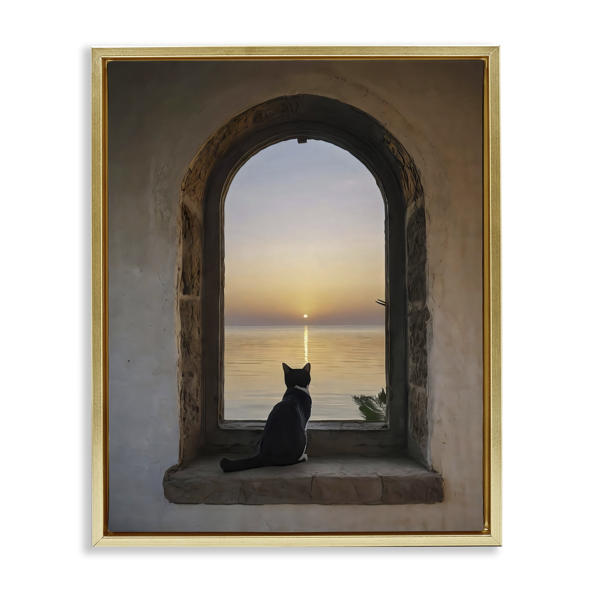 Stupell Industries Cat Overlooking Water at Sunset Gold Framed Floater Canvas Wall Art, design by Creative Studio