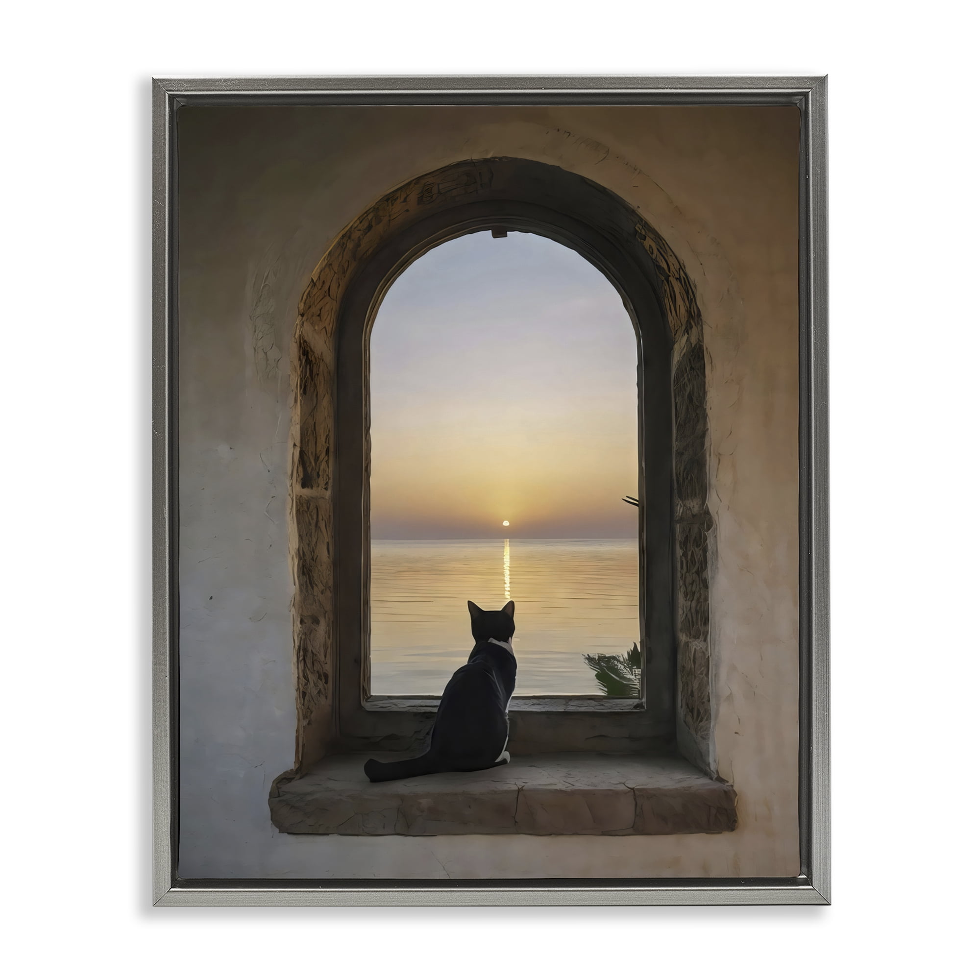 Stupell Industries Cat Overlooking Water at Sunset Gray Framed Floater Canvas Wall Art, design by Creative Studio