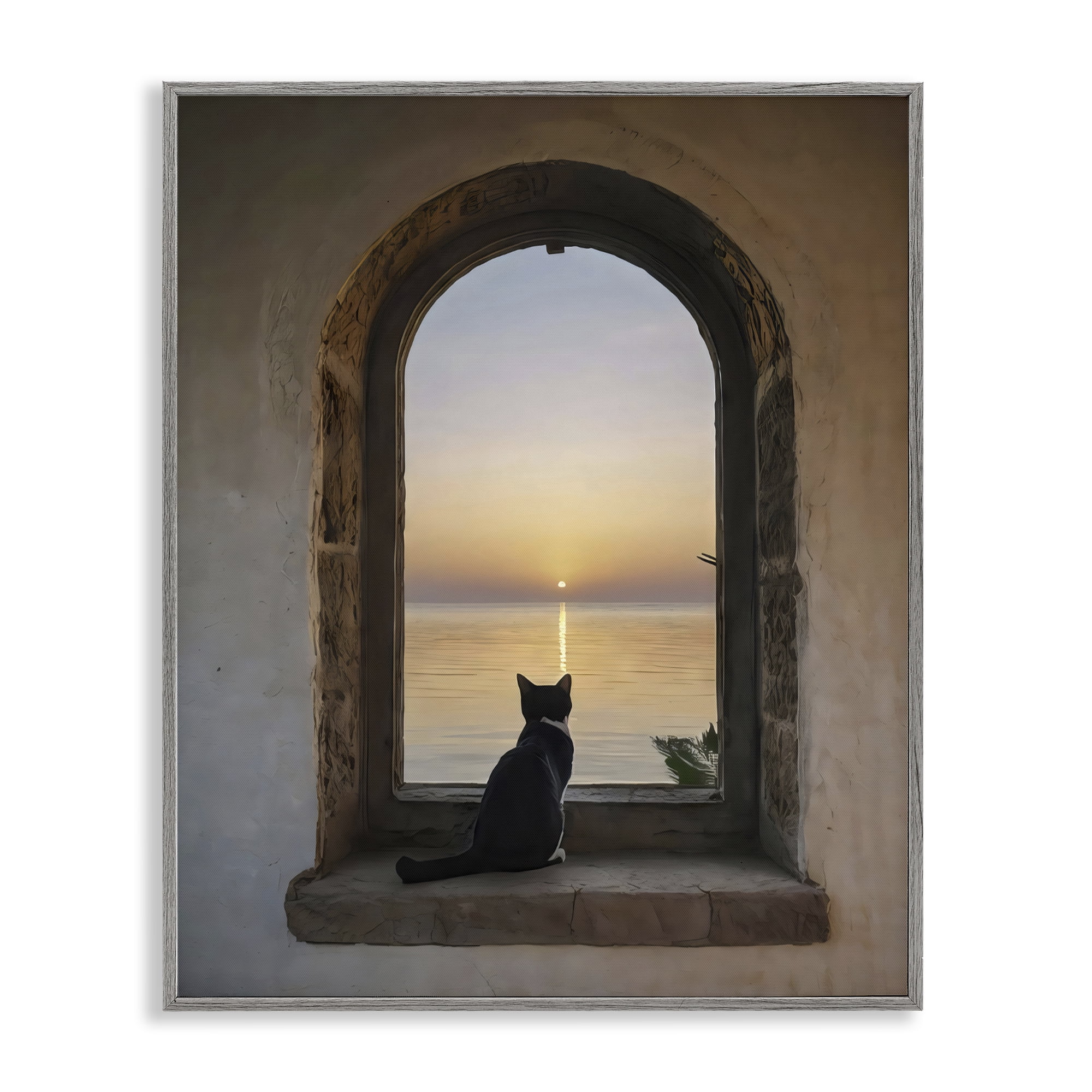 Stupell Industries Cat Overlooking Water at Sunset Gray Framed Giclee Art, design by Creative Studio
