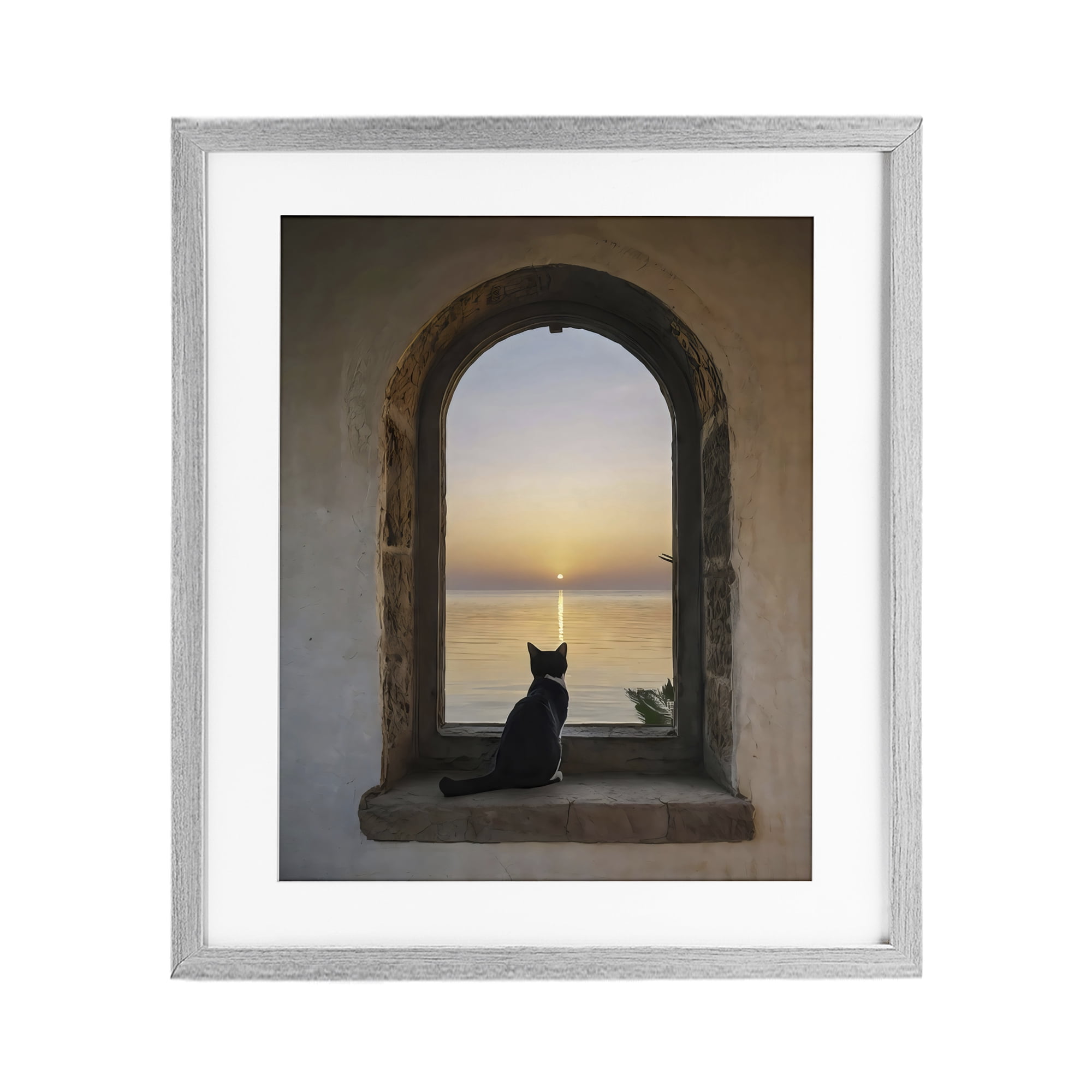 Stupell Industries Cat Overlooking Water at Sunset Gray Framed Print Under Glass, design by Creative Studio
