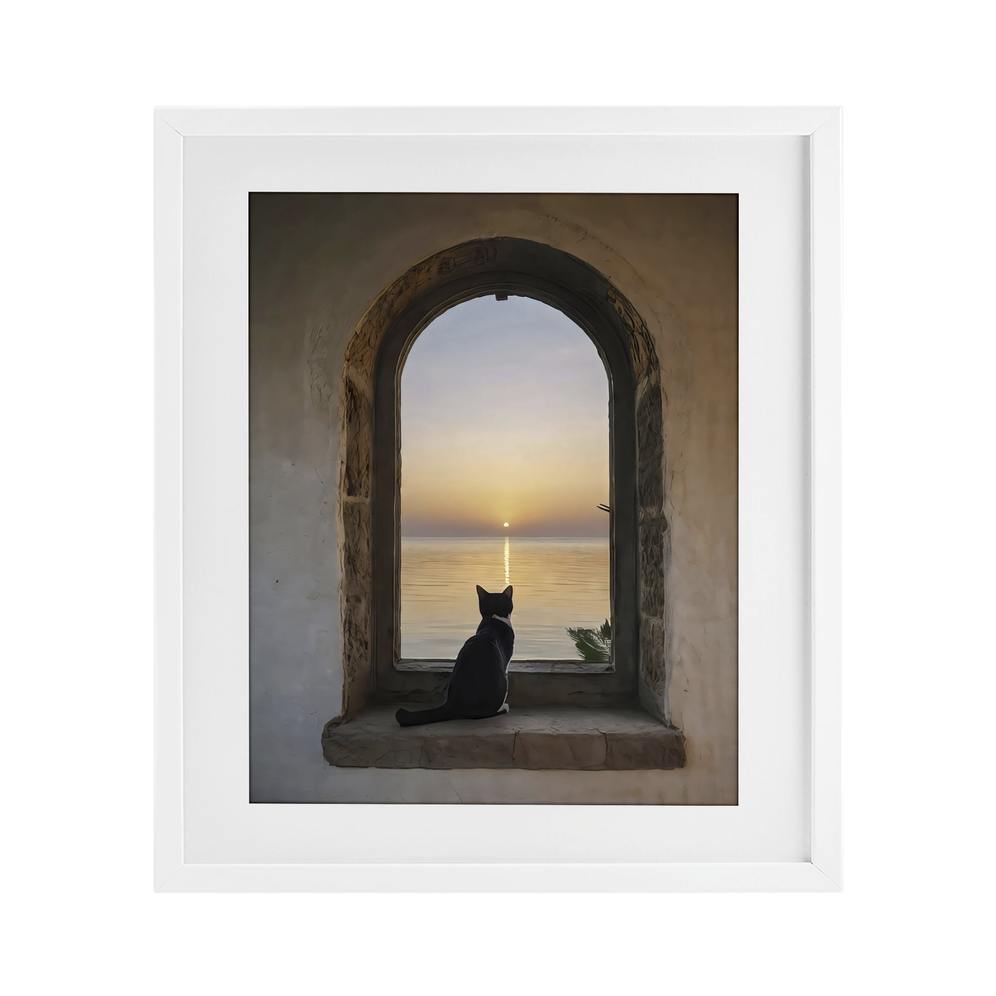 Stupell Industries Cat Overlooking Water at Sunset White Framed Print Under Glass, design by Creative Studio