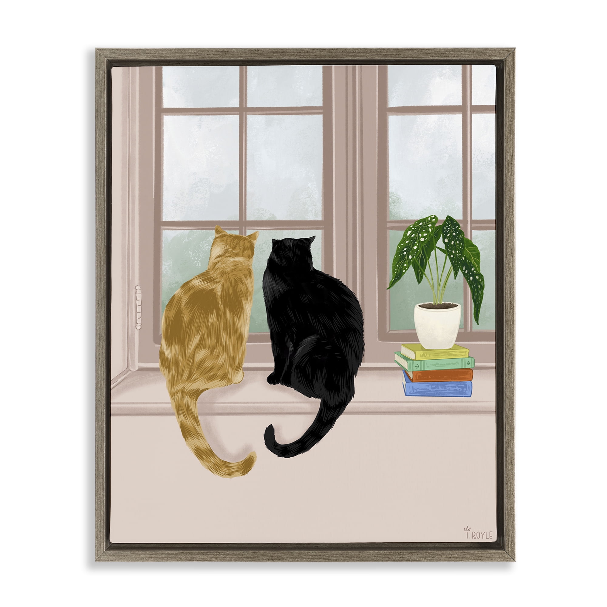 Stupell Industries Cat Pair in Windowsill Animals & Insects Painting Brown Floater Framed Canvas Art Print Wall Art, 25 x 31