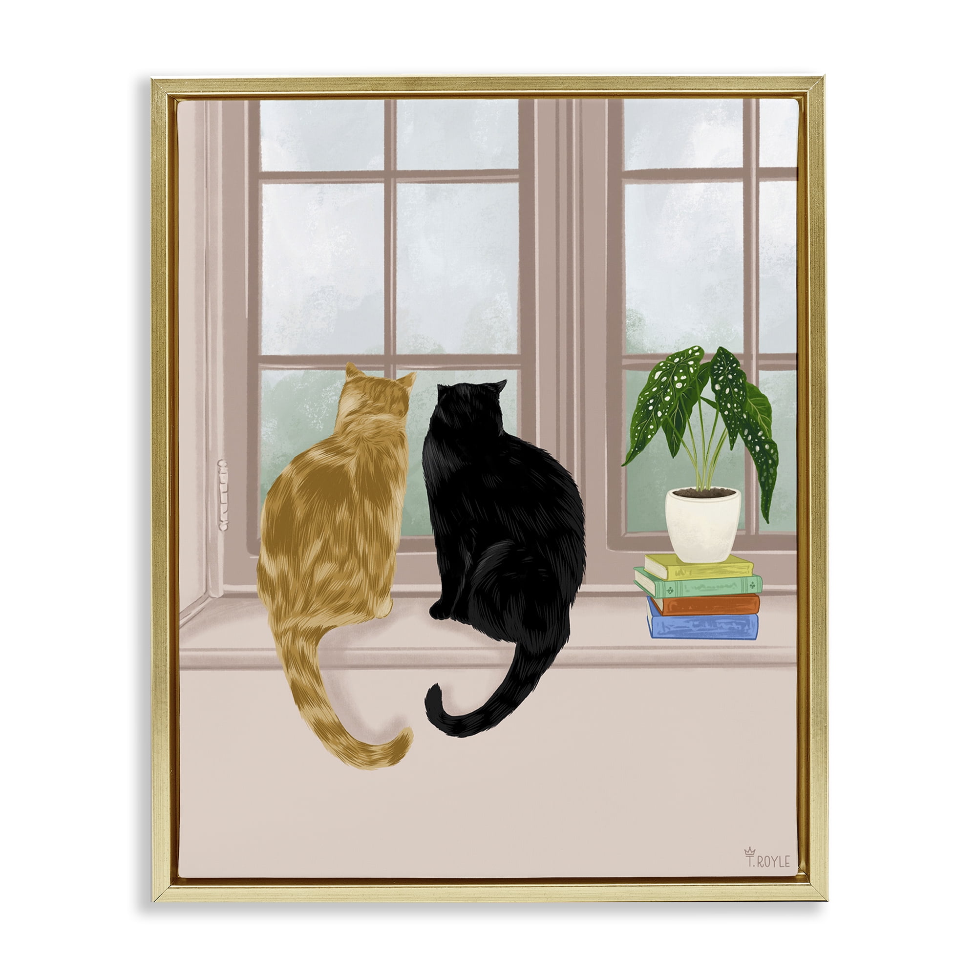 Stupell Industries Cat Pair in Windowsill Animals & Insects Painting Gold Floater Framed Canvas Art Print Wall Art, 17 x 21