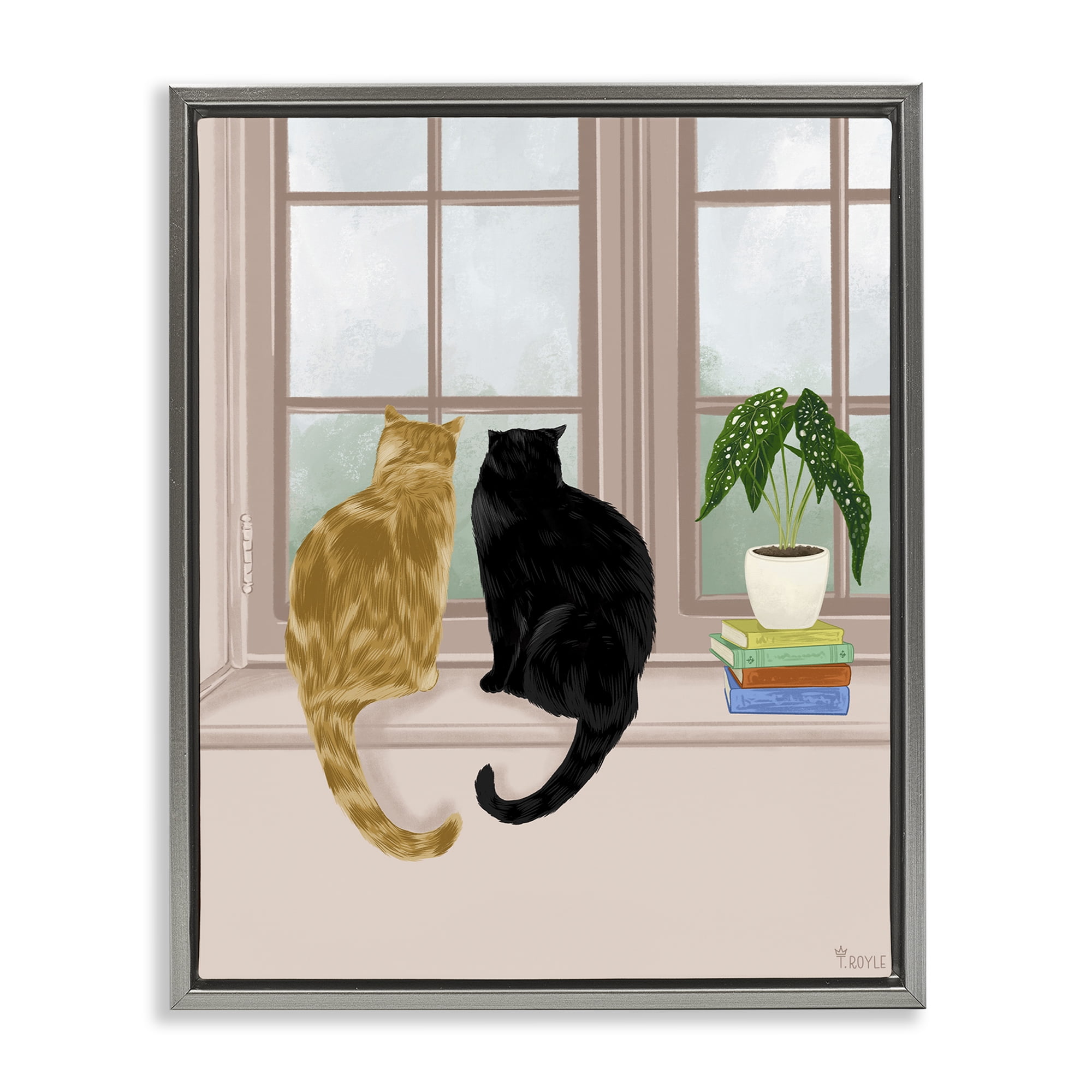 Stupell Industries Cat Pair in Windowsill Animals & Insects Painting Gray Floater Framed Canvas Art Print Wall Art, 17 x 21